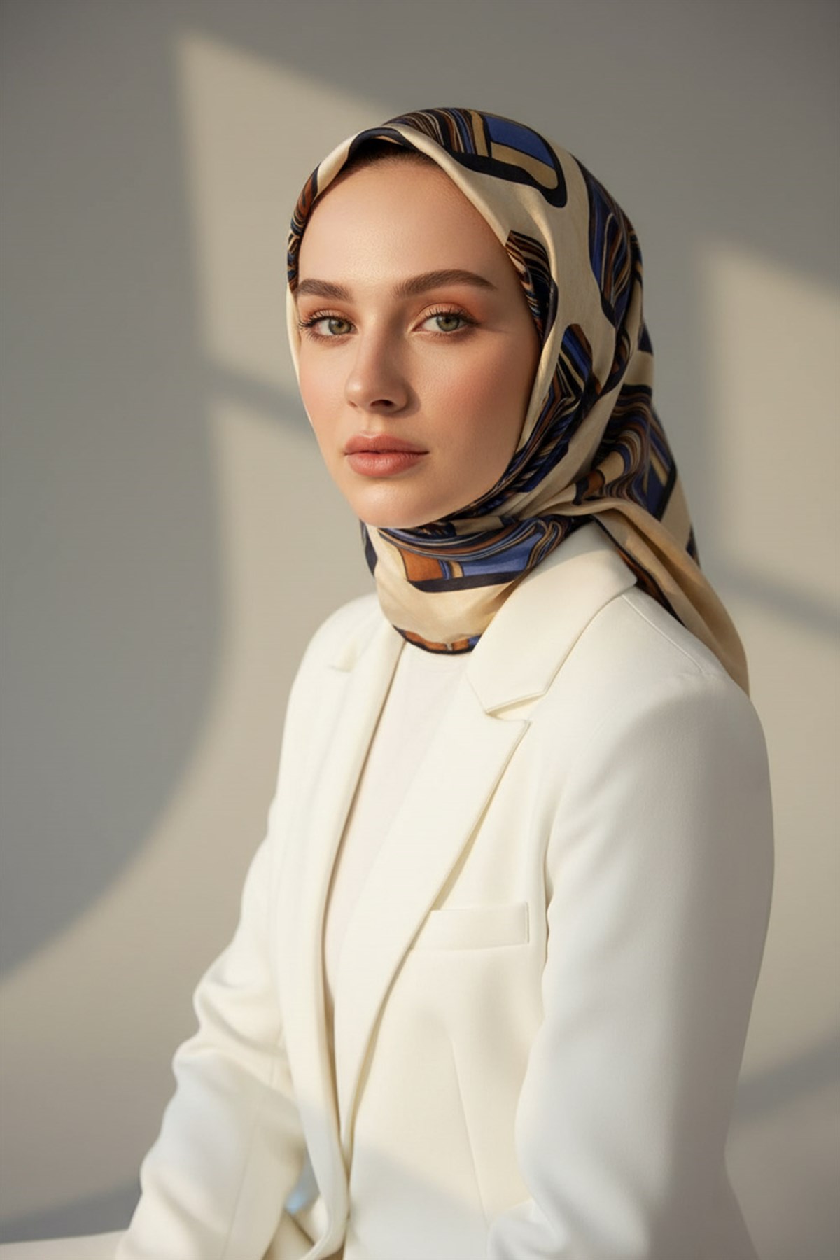 %100 Twill İpek Geometrik Kare Desenli Bej - Lacivert Renkli 90x90 Eşarp Dikim Şekli : El Dikişi