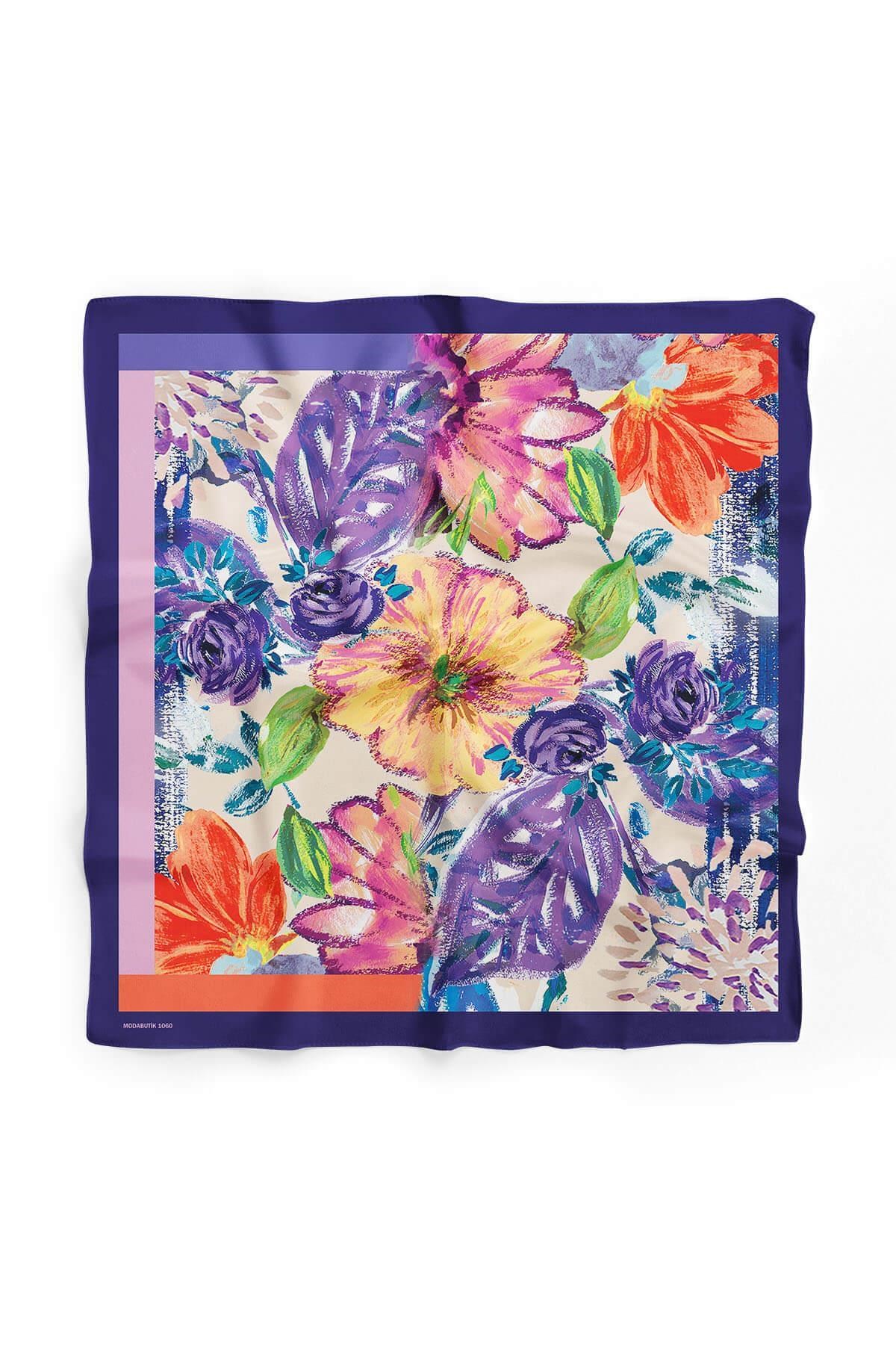 Violla Kadın Lila Turuncu Blatt Desenli 50x50 Bandana