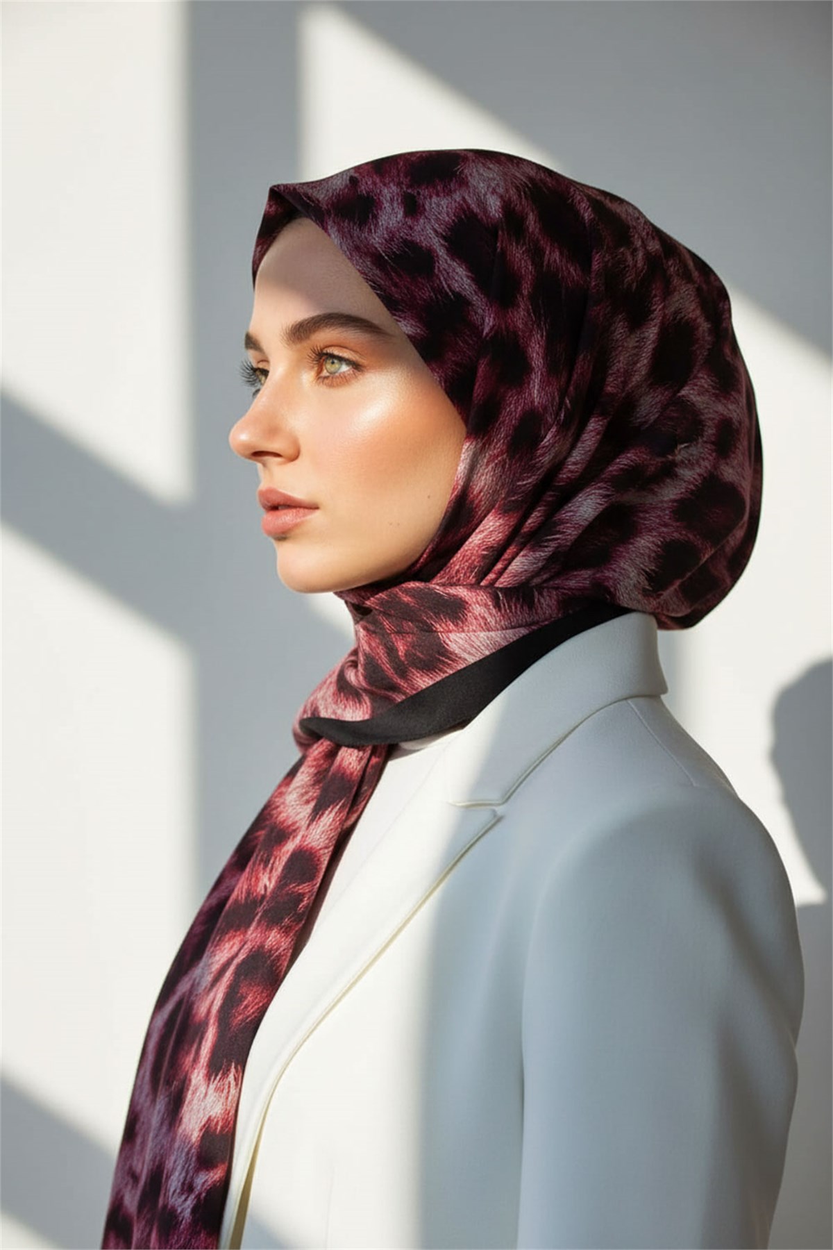 KREP LEOPAR DESENLİ BORDO - SİYAH RENKLİ 75X195 KIRIŞMAZ ŞAL