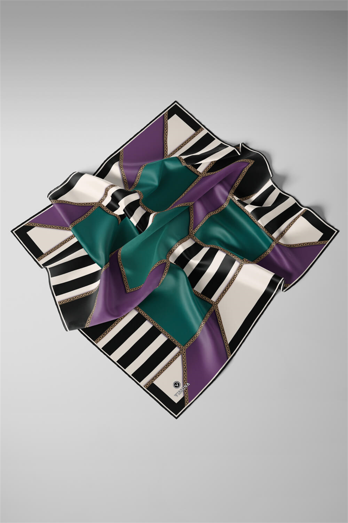 %100 Twill İpek Geometrik Desenli Lila - Petrol Yeşili Renkli 90x90 Eşarp Dikim Şekli : El Dikişi