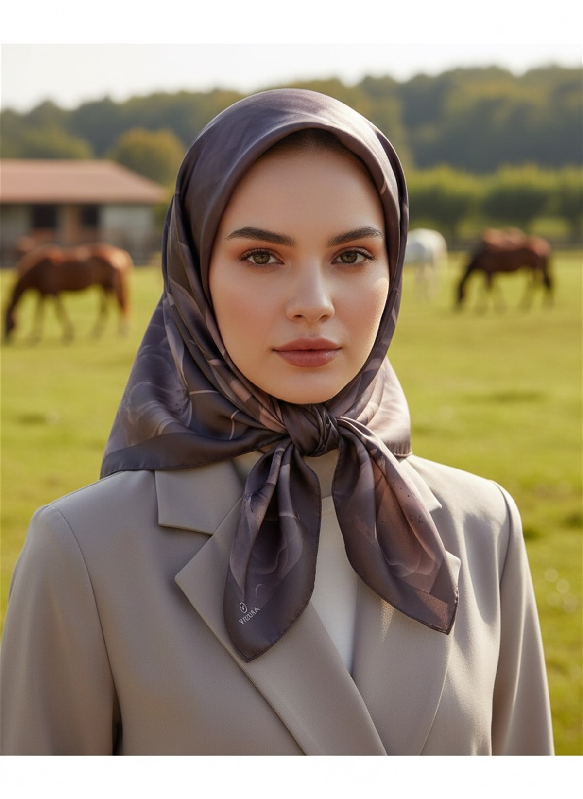 %100 Twill İpek Çiçek Desenli Vizon Renkli 90x90 Eşarp Dikim Şekli : El Dikişi