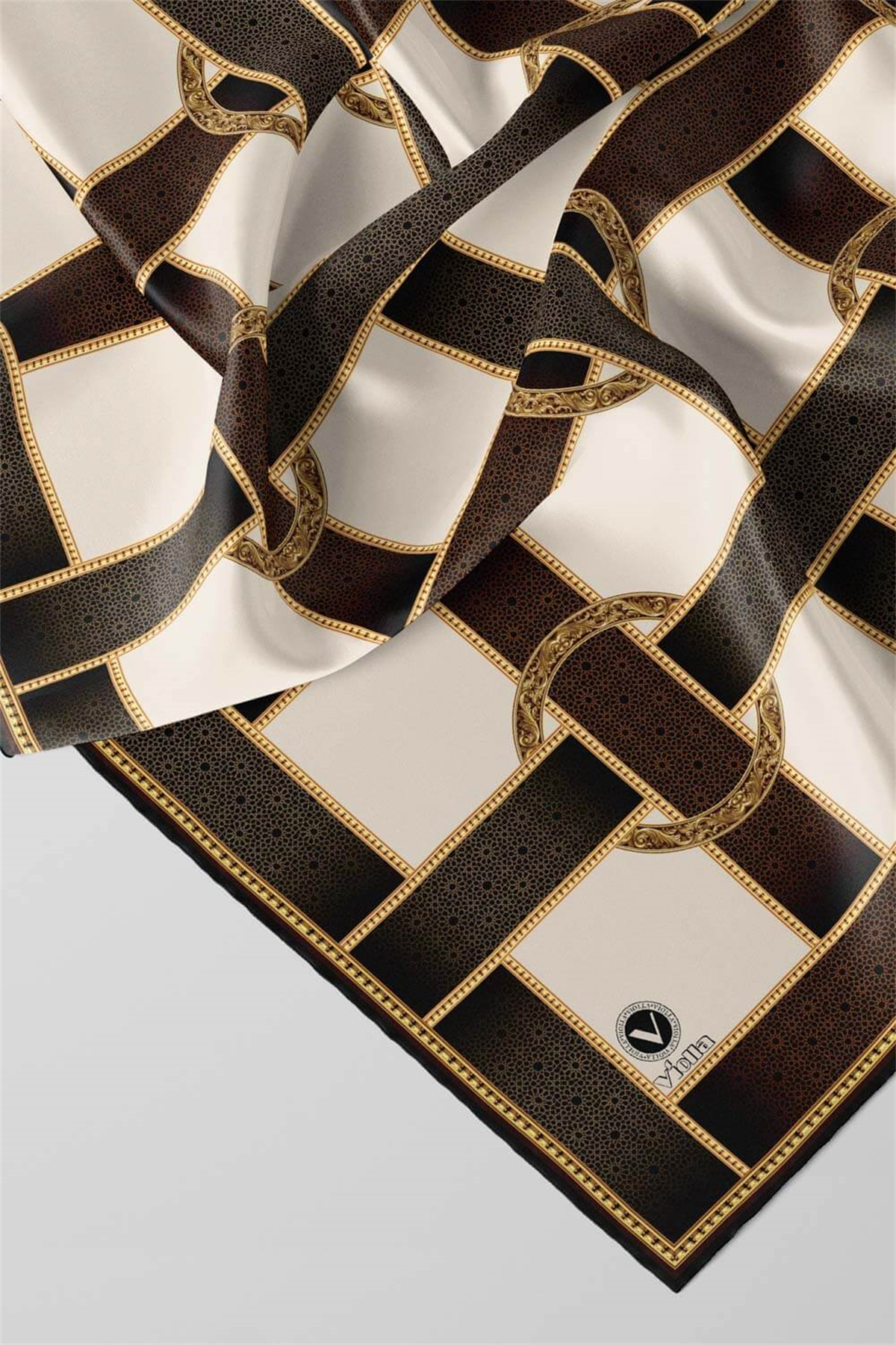 Twill Kemer Desenli Bej - Taba Renkli 90x90 Eşarp (İpek İçermez) Dikim Şekli : El Dikişi