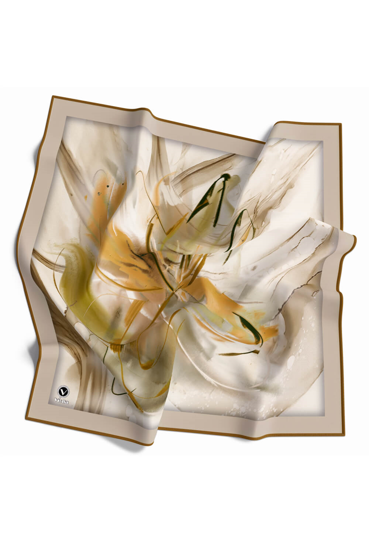 Twill Çiçek Tablo Desenli Hardal Renkli 90x90 Eşarp (İpek İçermez) Kenar Dikiş Şekli El Dikişli