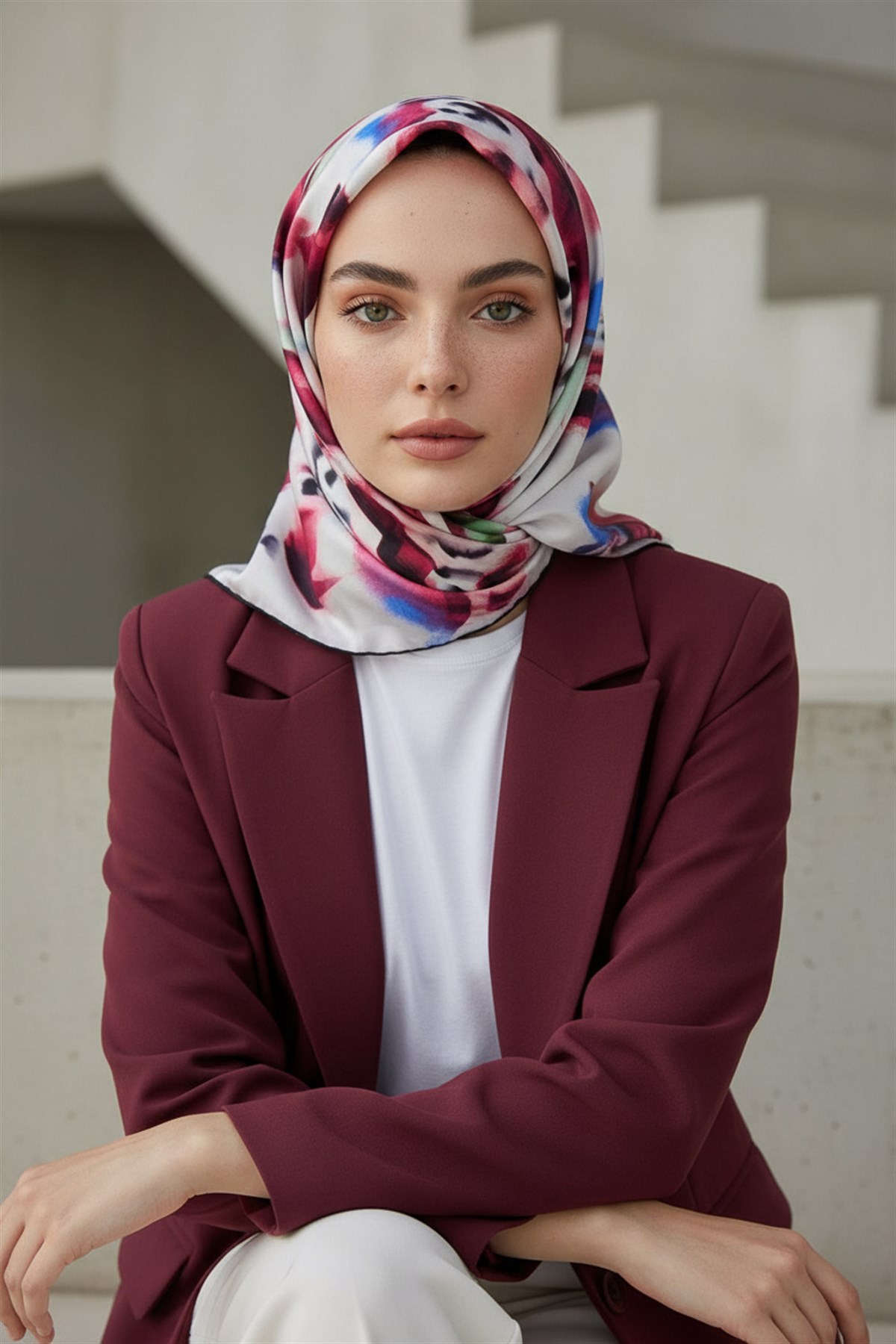 %100 Twill İpek Batik Desenli Bordo - Saks Renkli 90x90 Eşarp Dikim Şekli : El Dikişi