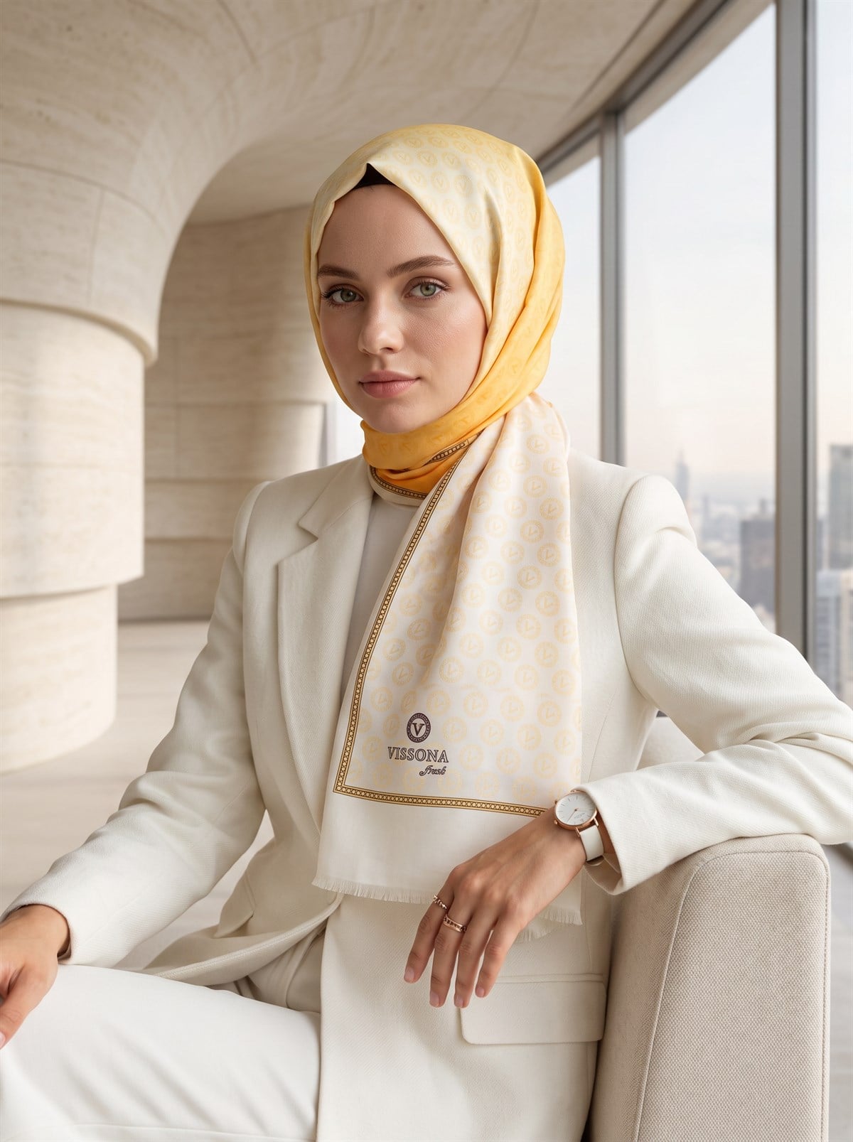 %100 Saf İpek Şal İnce Saten Vual Dokuma Degradeli Ve Monogram Desenli Sarı - Gold Renkli 90x210 Şal