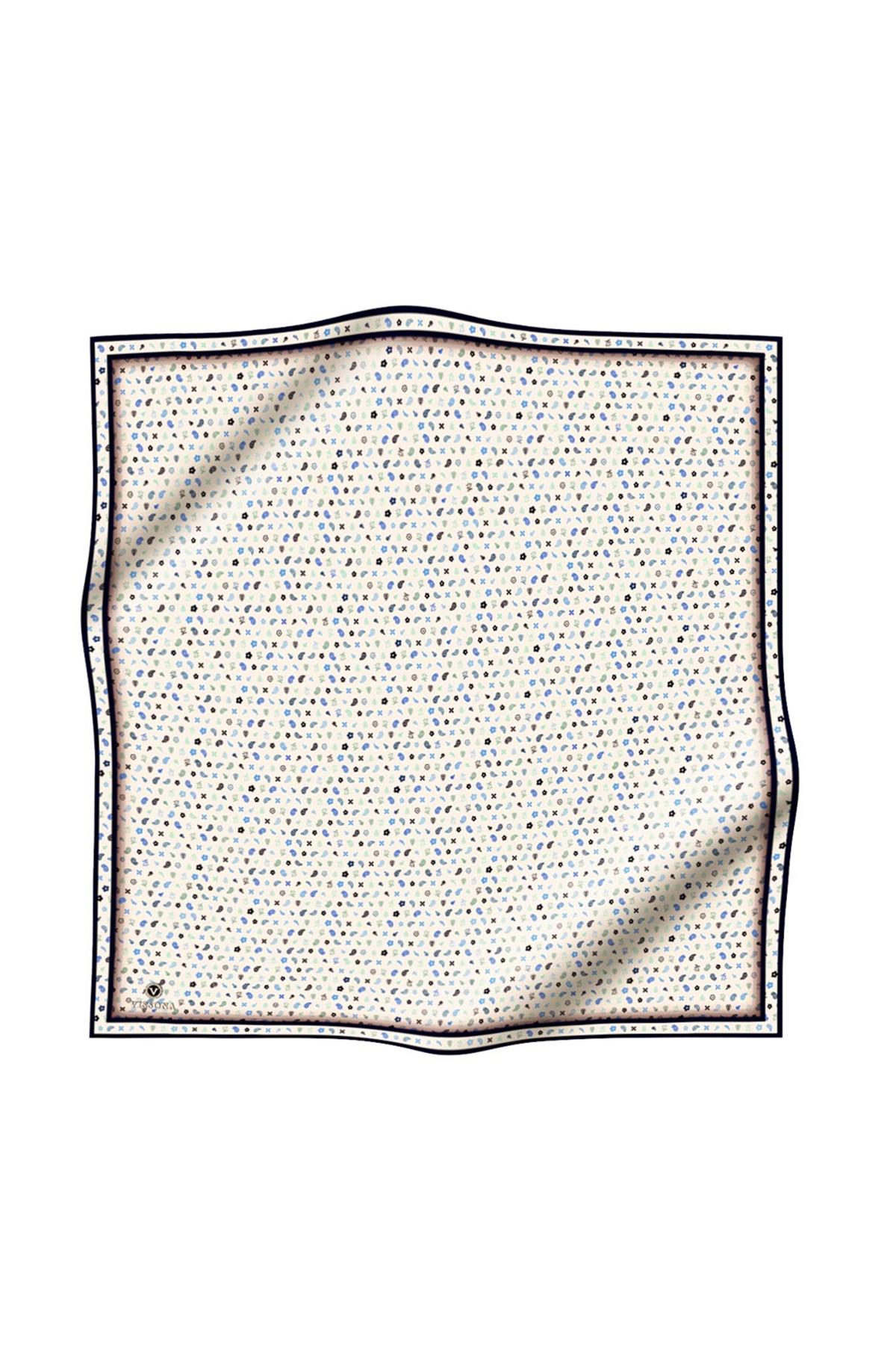 %100 Twill İpek Çıtır Desenli Krem - Lacivert Renkli 90x90 Eşarp Dikim Şekli : El Dikişi