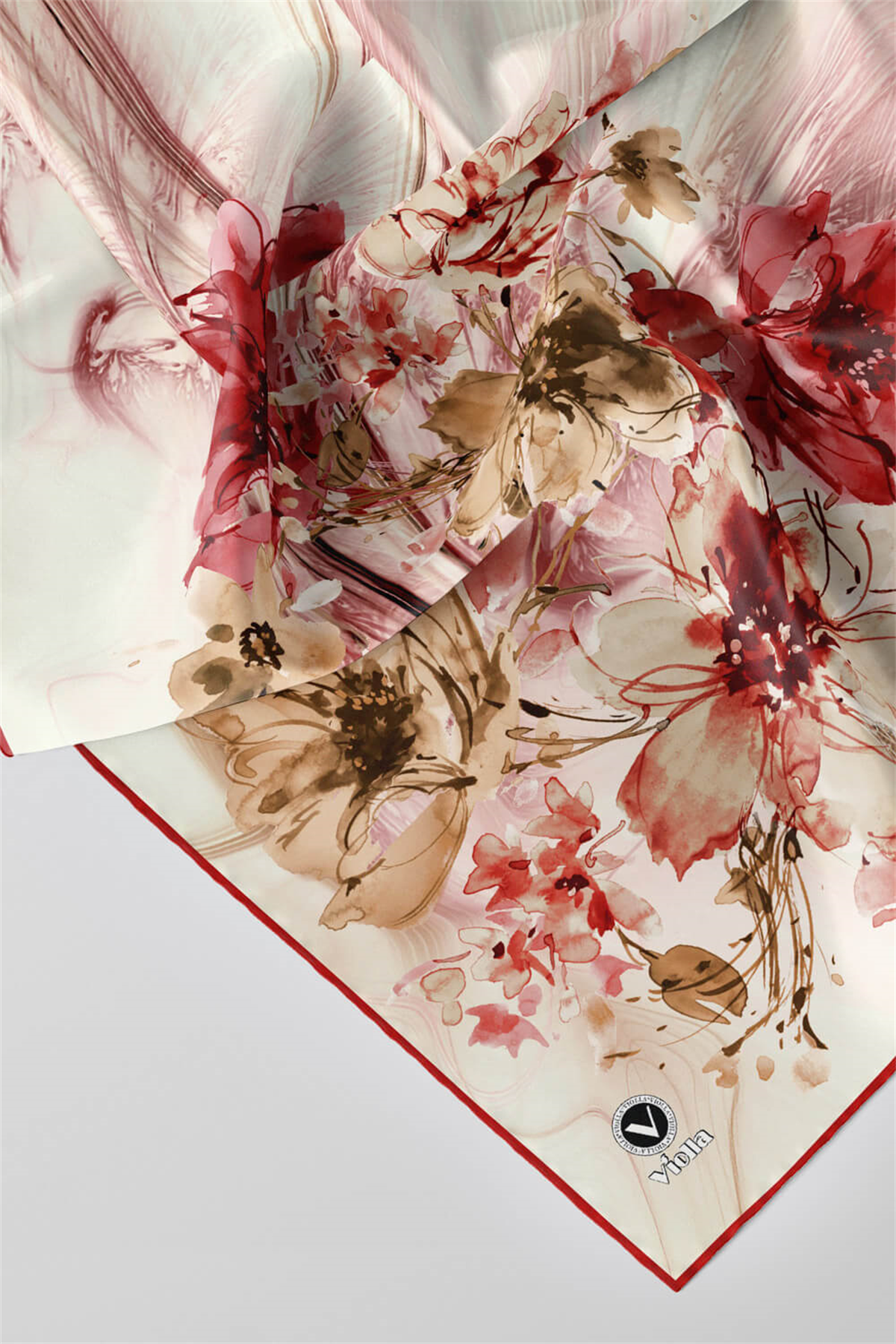 Twill Çiçek Desenli Bordo Renkli 90x90 Eşarp (İpek İçermez) Kenar Dikiş Şekli El Dikişli