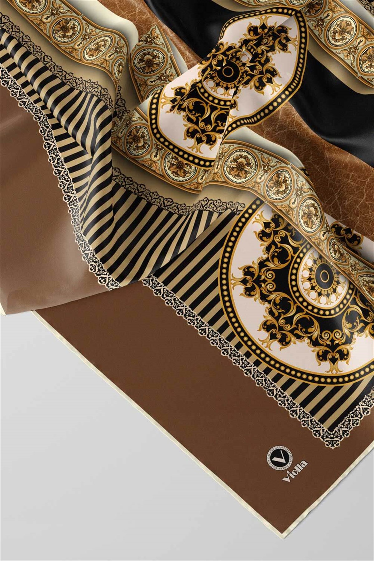 Twill Çizgili ve Barok Desenli Bej Renkli 90x90 Eşarp (İpek İçermez) Kenar Dikiş Şekli El Dikişli