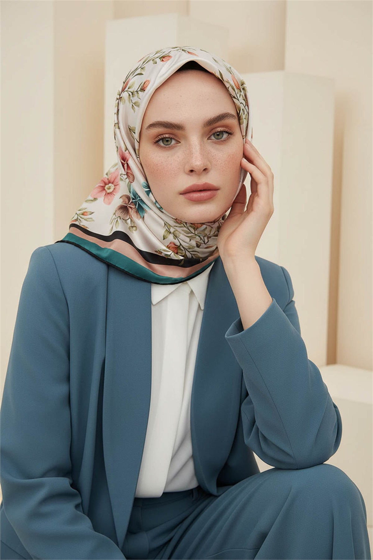 Rayon Çiçek Desenli Petrol Yeşili Renkli 90x90 Eşarp (İpek İçermez) Dikim Şekli : El Dikişi