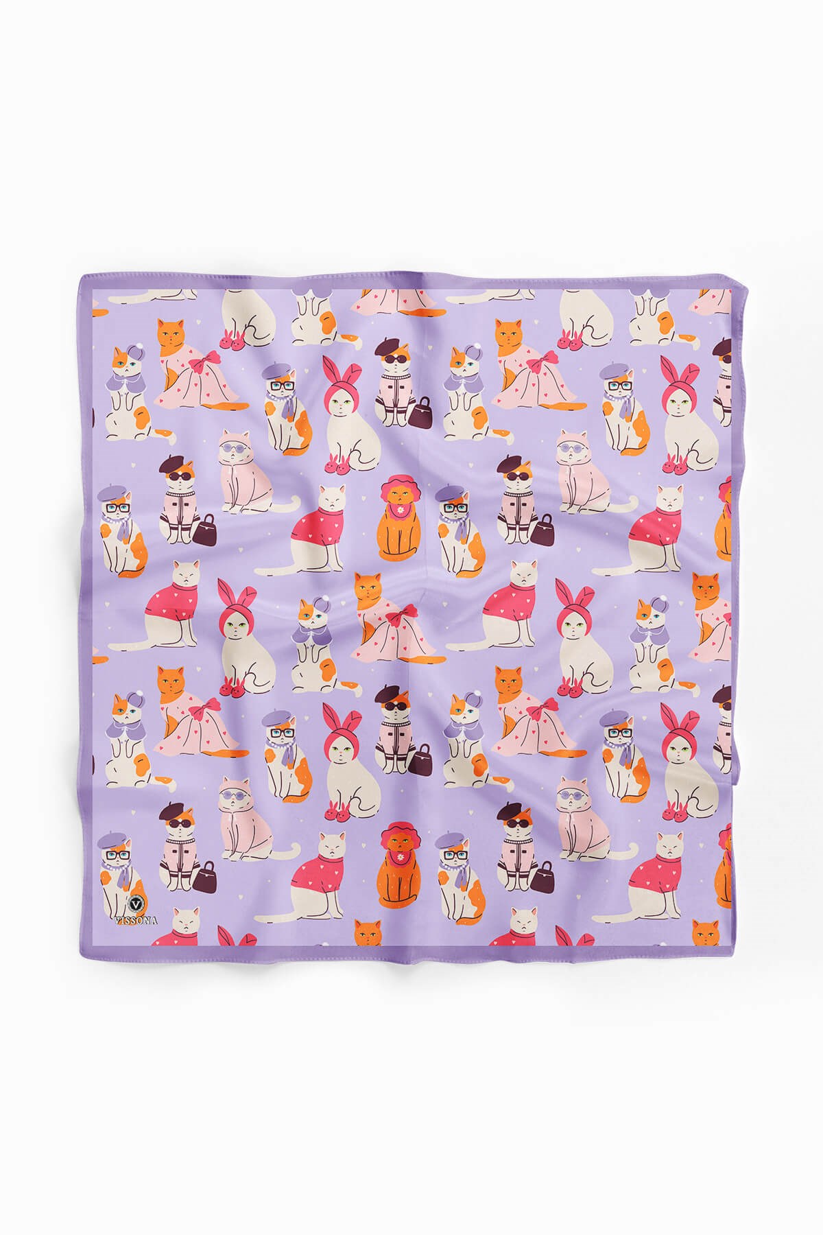 %100 İpek Süslü Kedi Desenli Kadın Bandana