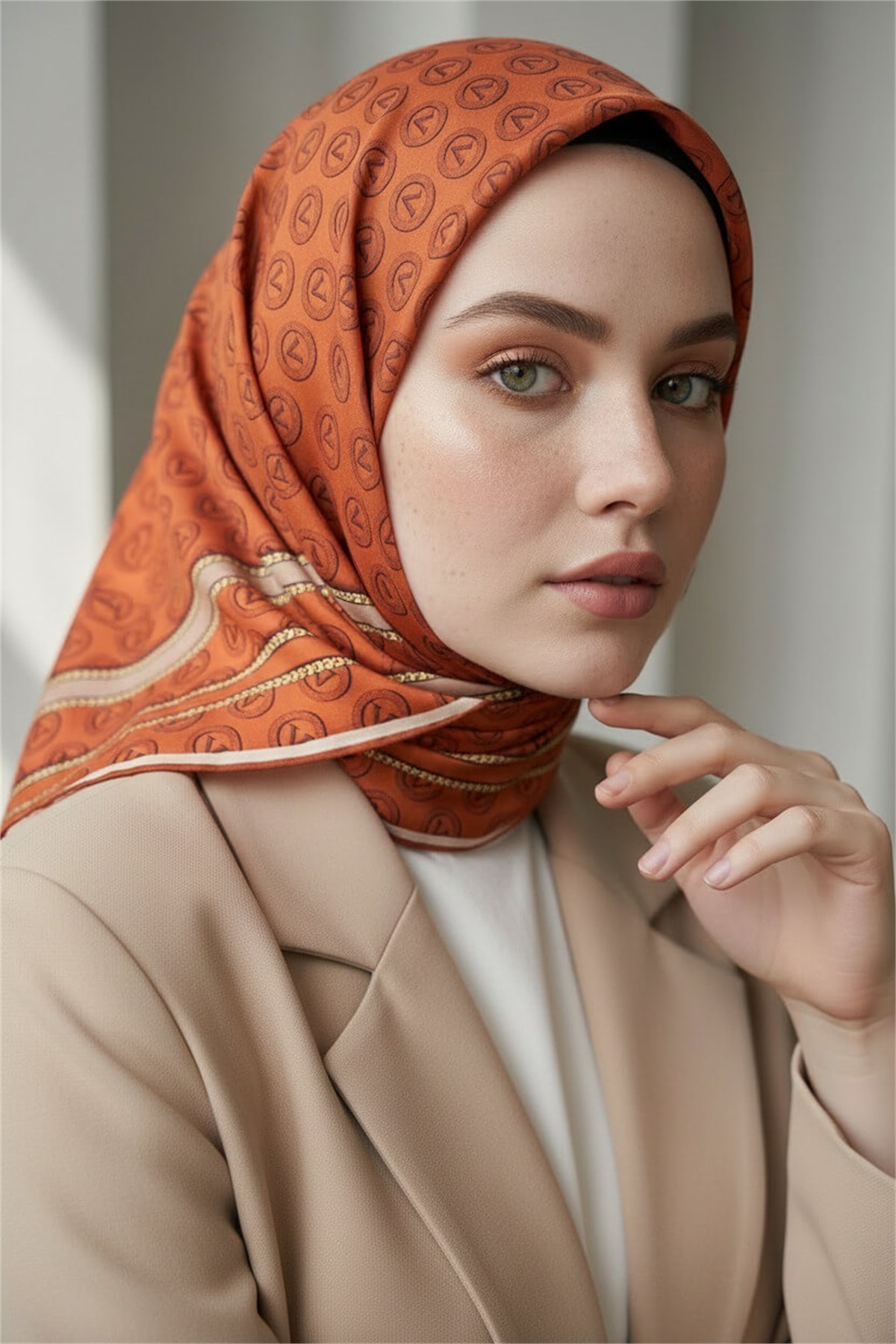 %100 Twill İpek Monogram Desenli Taba - Bej Renkli 90x90 Eşarp Dikim Şekli : El Dikişi