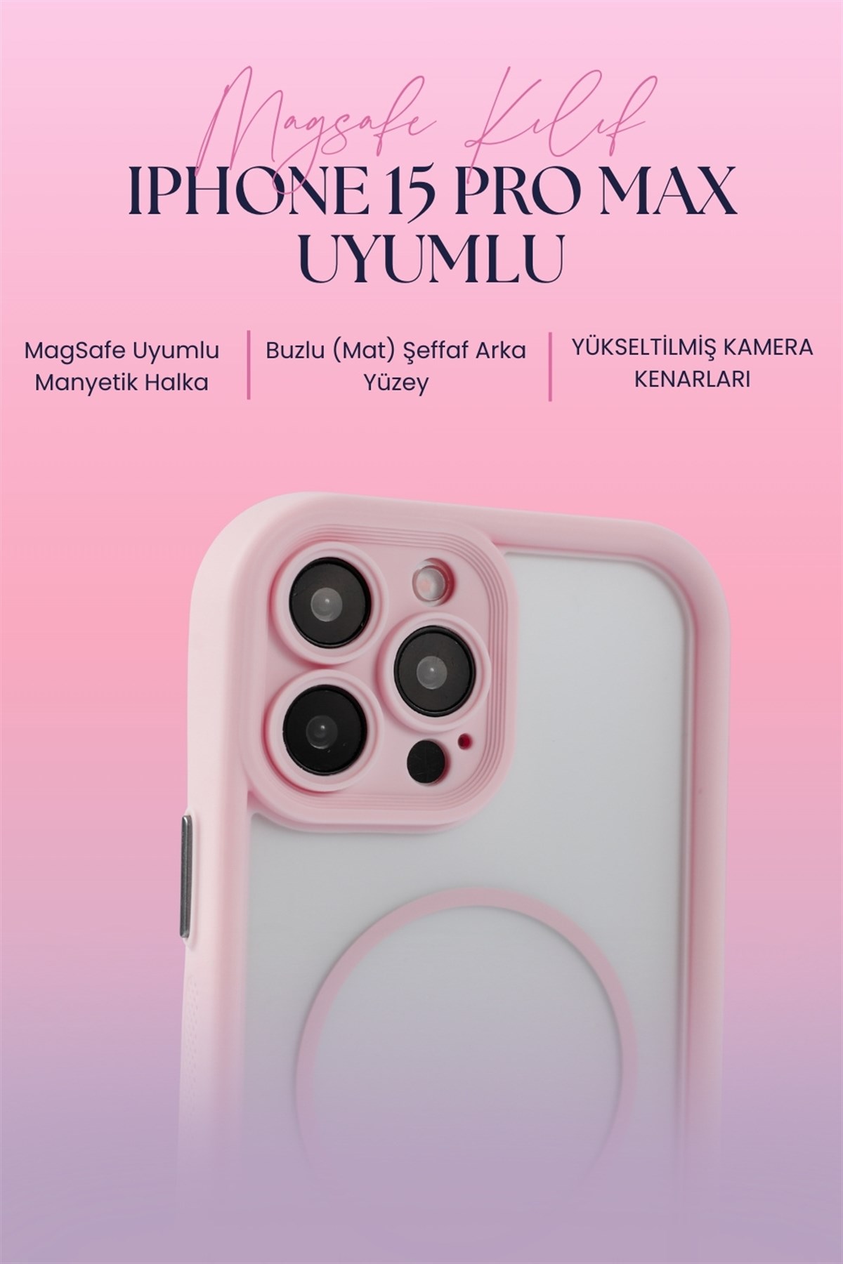 iPhone 15 Pro Max Uyumlu Kamera Korumalı Magsafe Wireless Şarj Özellikli Mat Silikon Pembe renkli Silikon Telefon Kılıfı