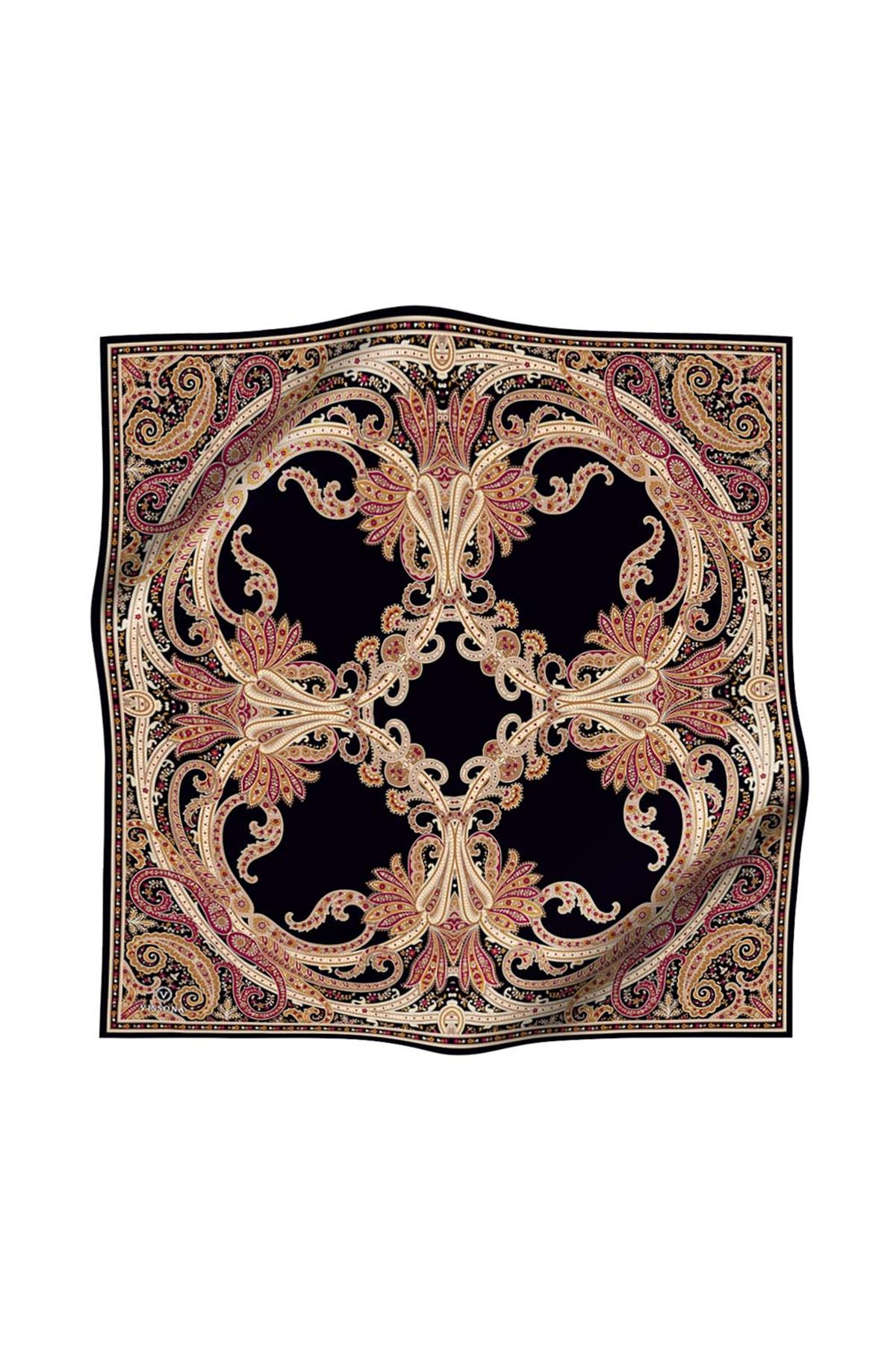 %100 Twill İpek Şal Desenli Siyah - Bordo Renkli 90x90 Eşarp Dikim Şekli : El Dikişi