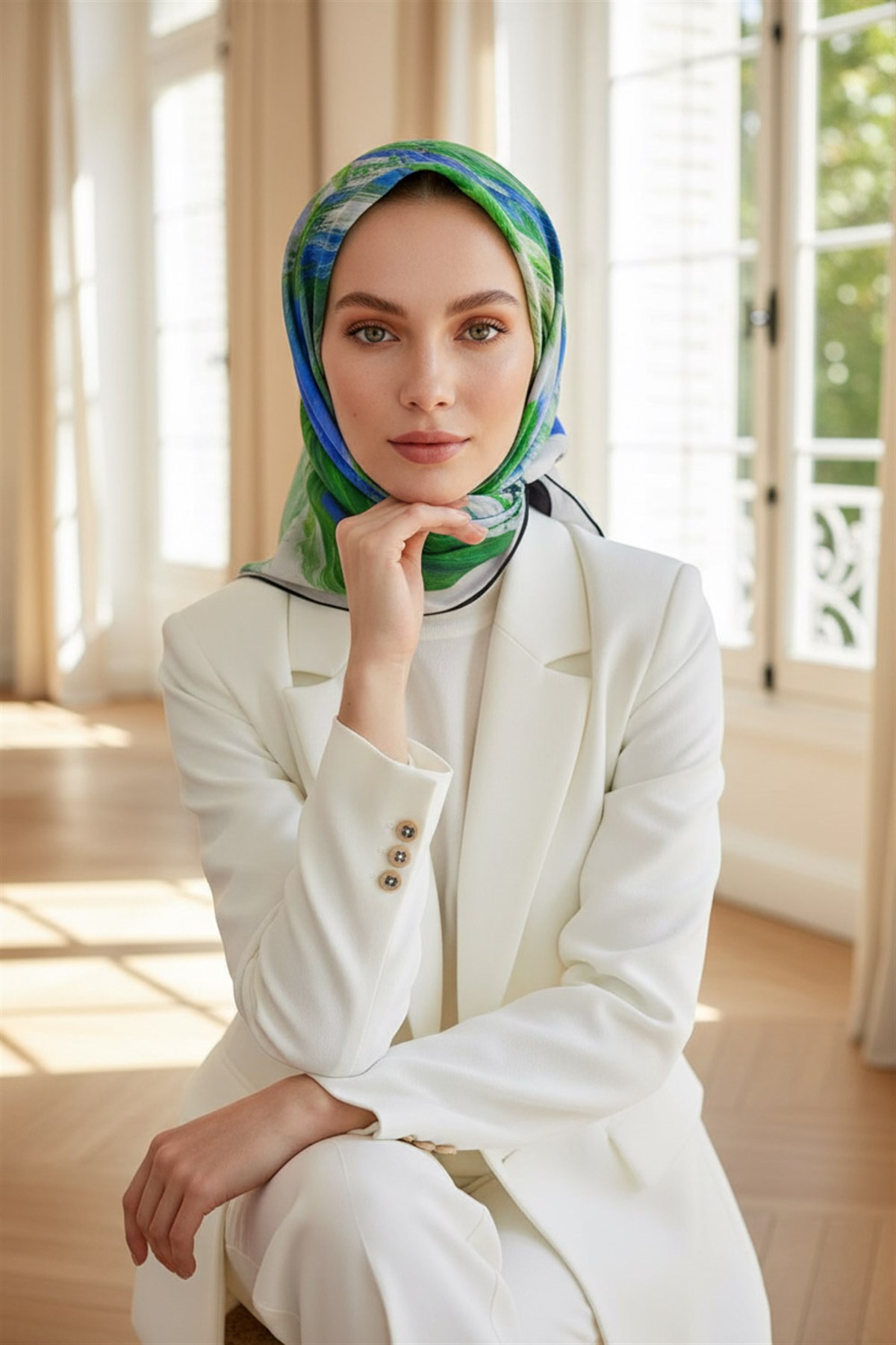 %100 Twill İpek Fırça Darbesi Desenli Saks - Zümrüt Yeşili Renkli 90x90 Eşarp Dikim Şekli : El Dikişi