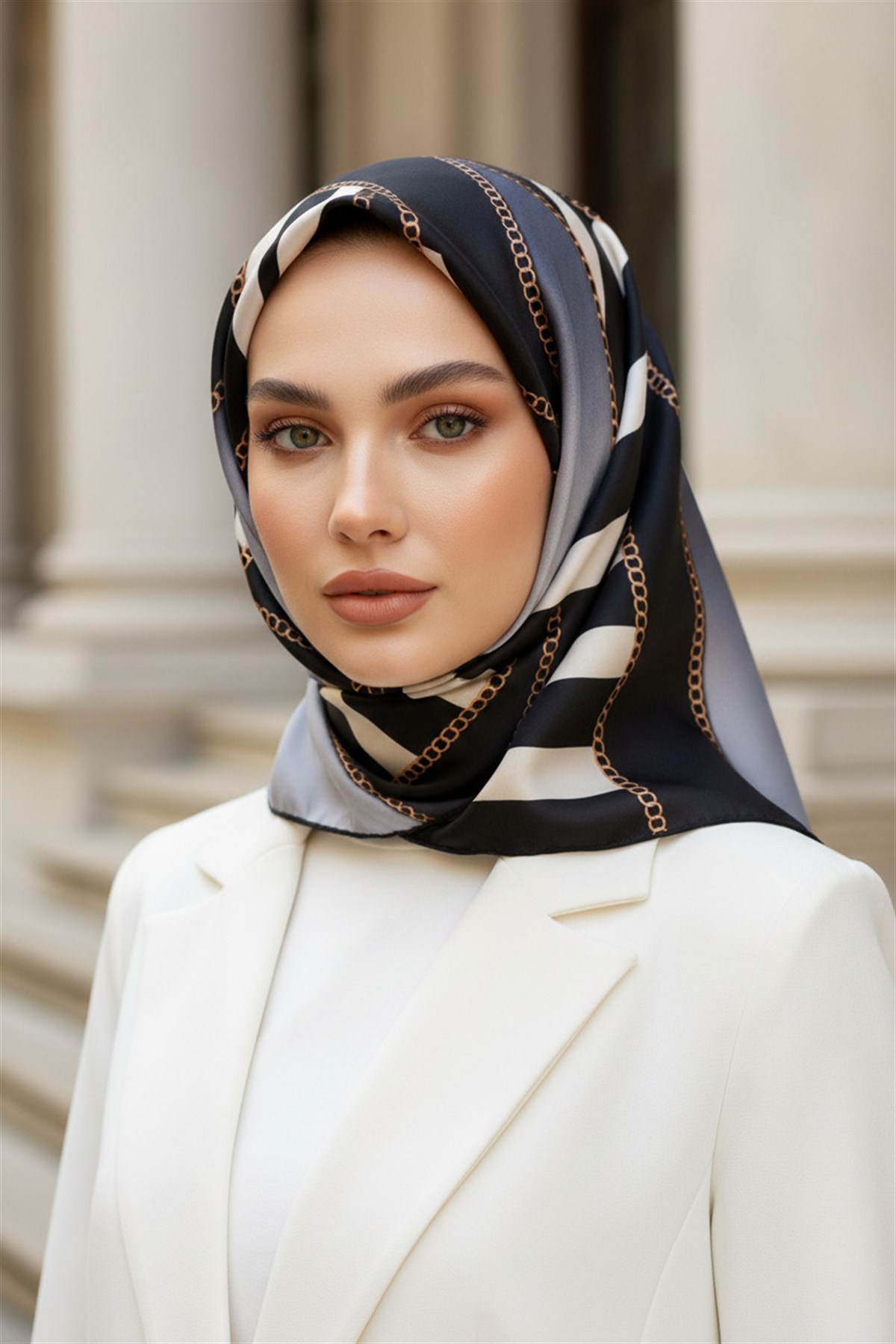 %100 Twill İpek Zincirli Çizgi Desenli Siyah - Gri Renkli 90x90 Eşarp Dikim Şekli : El Dikişi