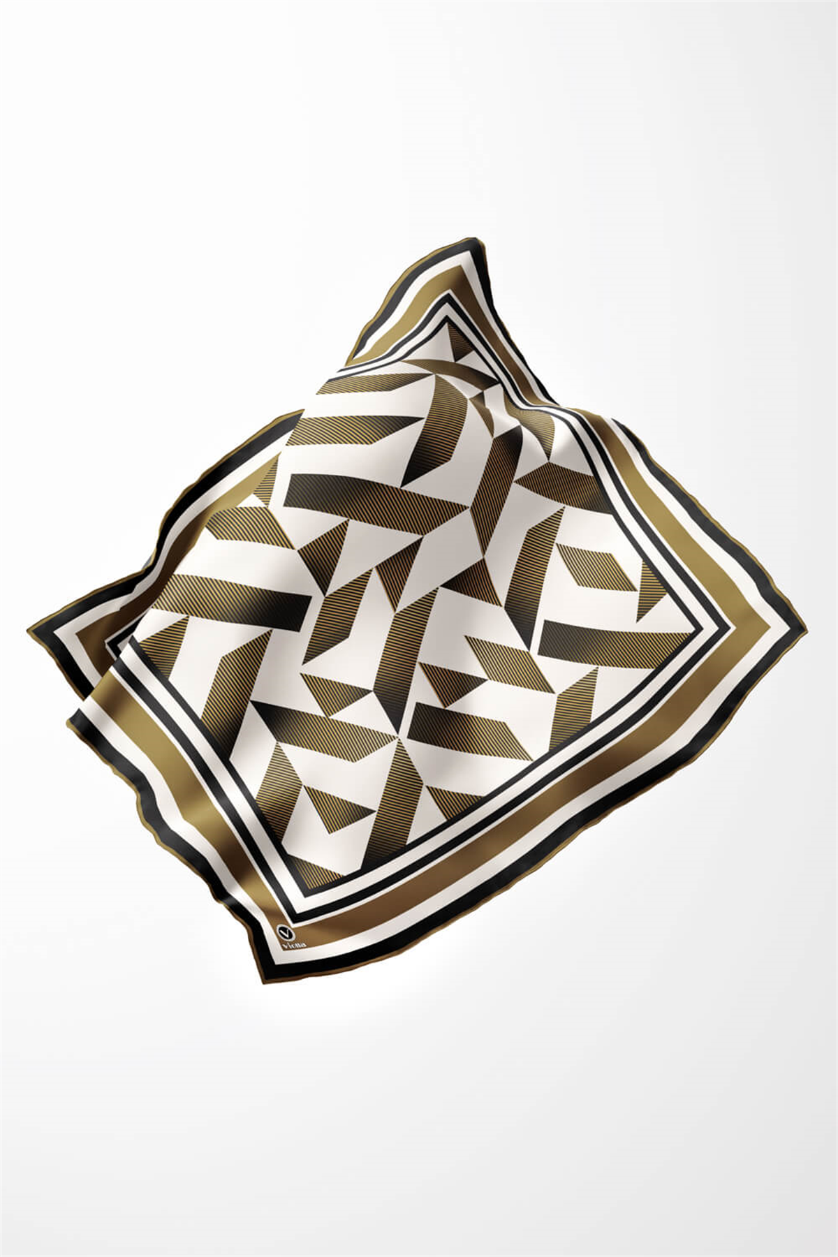 Twill Geometrik Desenli Hardal Renkli 90x90 Eşarp (İpek İçermez) Kenar Dikiş Şekli El Dikişli