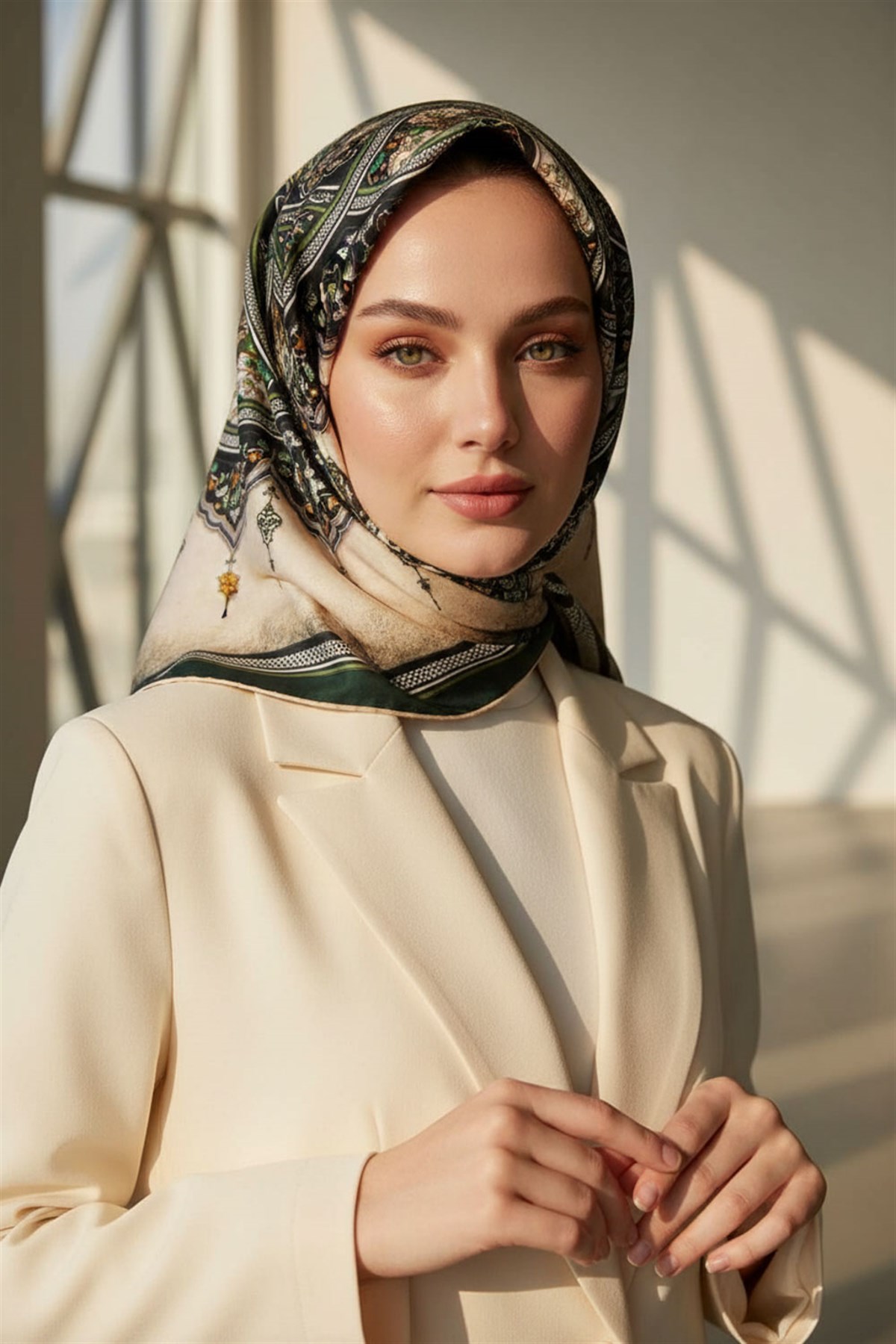 %100 Twill İpek Şal Desenli Siyah - Zümrüt Yeşili Renkli 90x90 Eşarp Dikim Şekli : El Dikişi