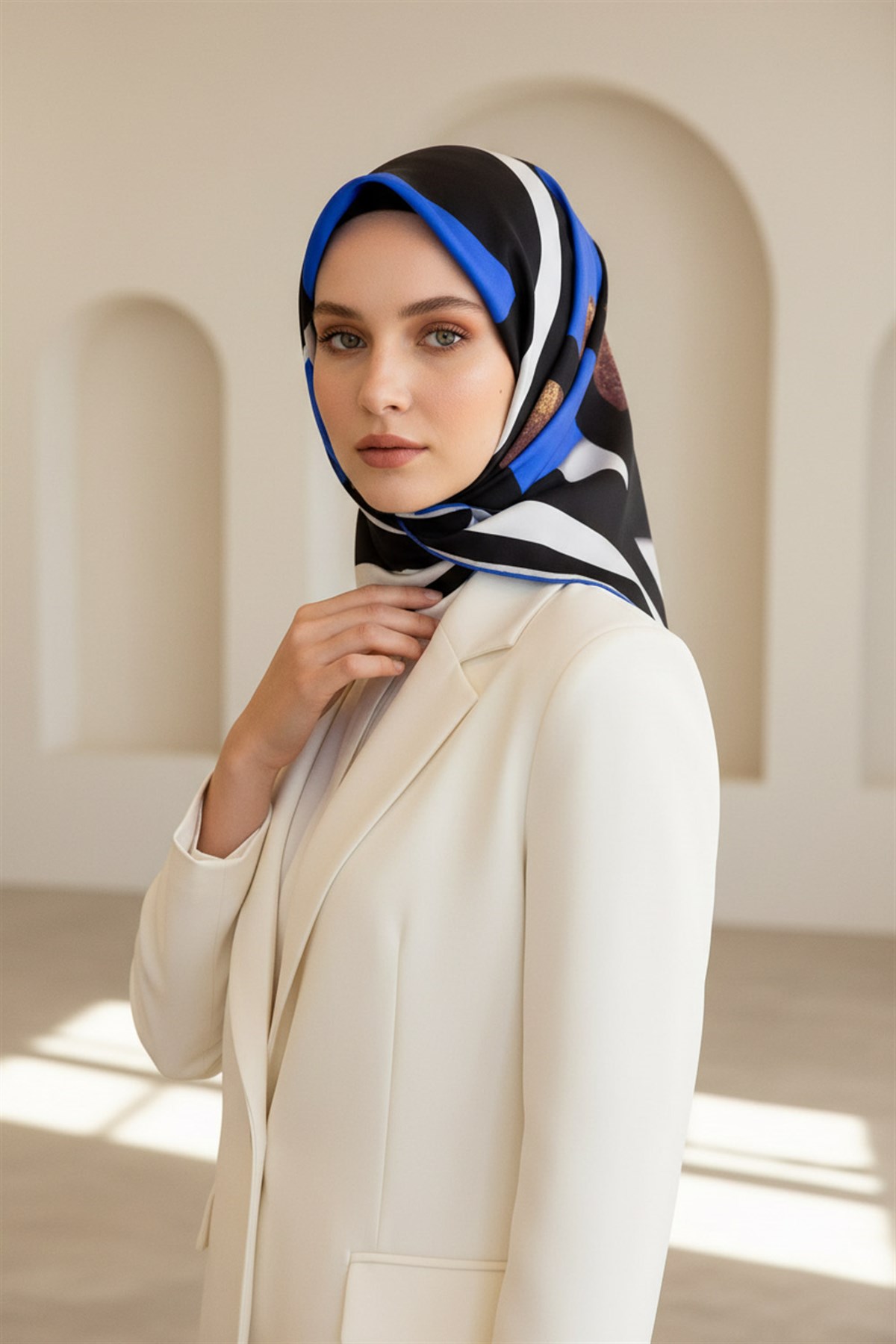 %100 Twill İpek Karo Desenli Saks - Siyah Renkli 90x90 Eşarp Dikim Şekli : El Dikişi