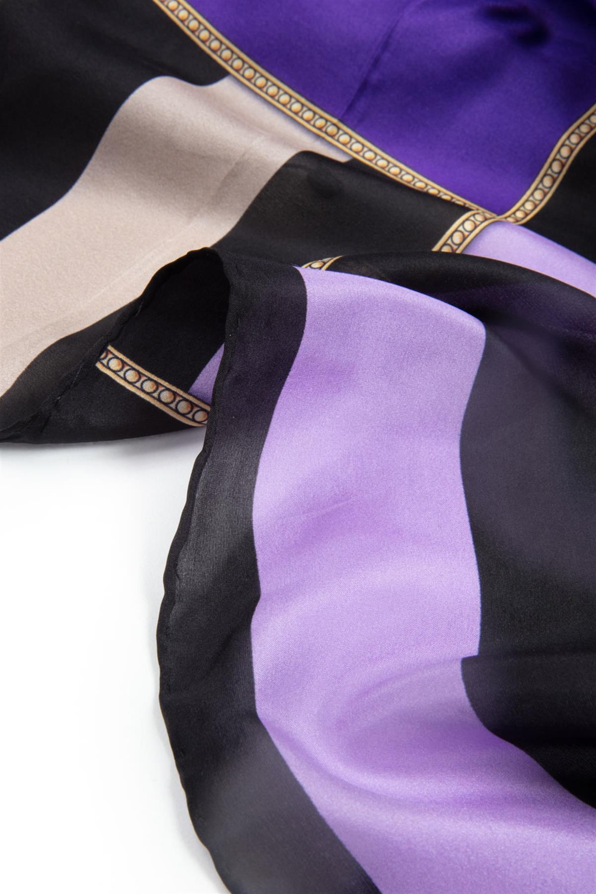 %100 İpek Şerit Ve Varak Desenli Mor - Lila Renkli 92x210 Şal