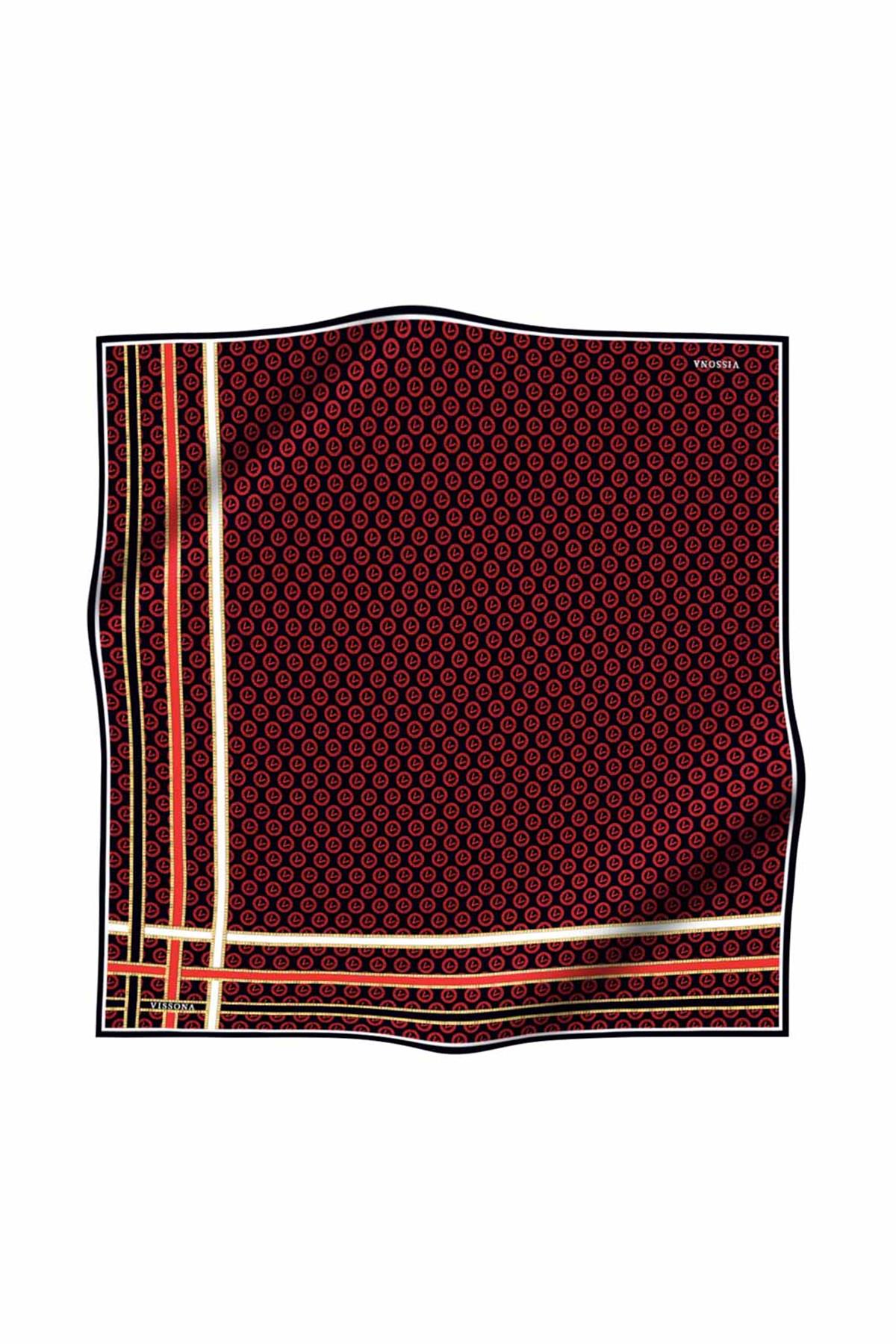 %100 Twill İpek Monogram Desenli Siyah - Bordo Renkli 90x90 Eşarp Dikim Şekli : El Dikişi