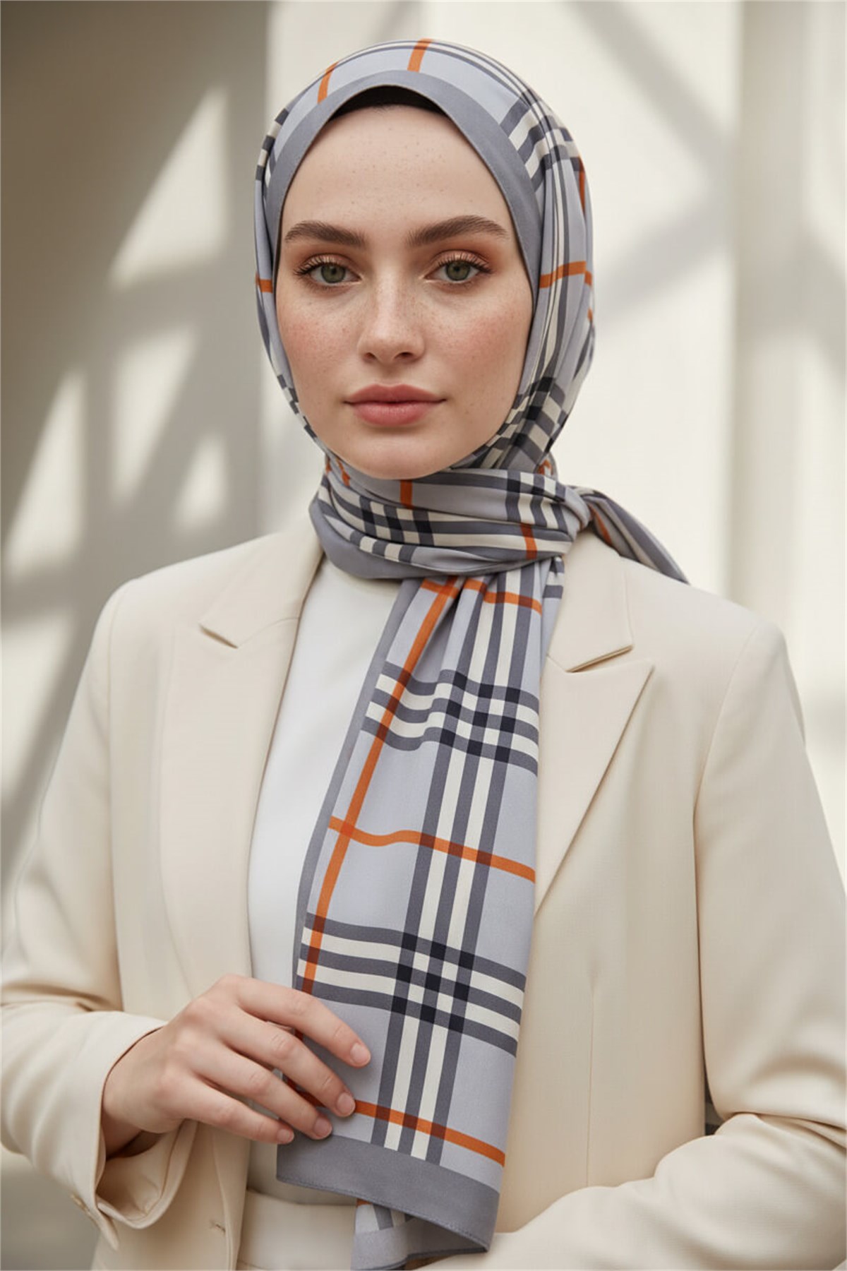Krep Şal 75x195 Gri Ekose Desenli Kırışmaz Kadın Şal