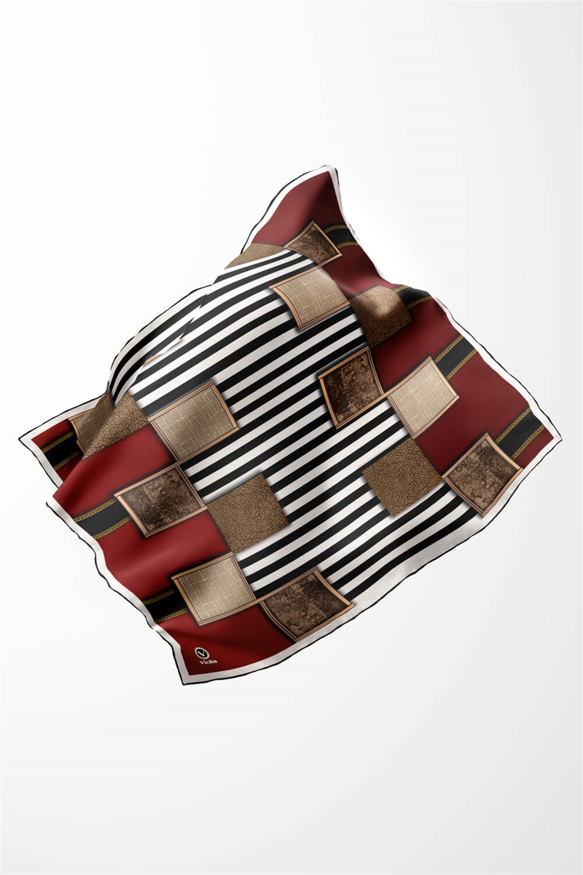 Twill Geometrik Ve Çizgili Desenli Bordo Renkli 90x90 Eşarp (İpek İçermez) Dikim Şekli : El Dikişi