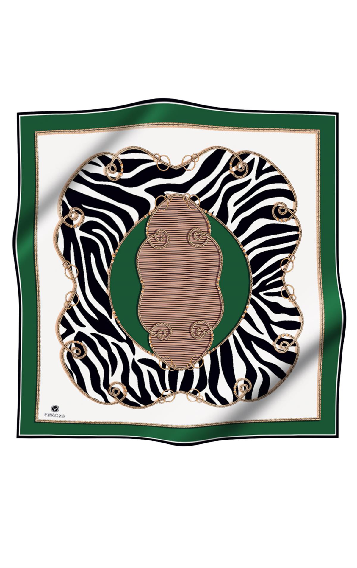 %100 Twill İpek Zincirli Ve Zebra Desenli Zümrüt Yeşili - Vizon Renkli 90x90 Eşarp Dikim Şekli : El Dikişi