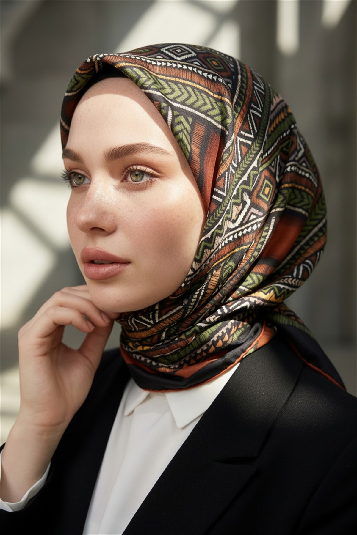 %100 Twill İpek Etnik Desenli Taba - Haki Renkli 90x90 Eşarp Dikim Şekli : El Dikişi