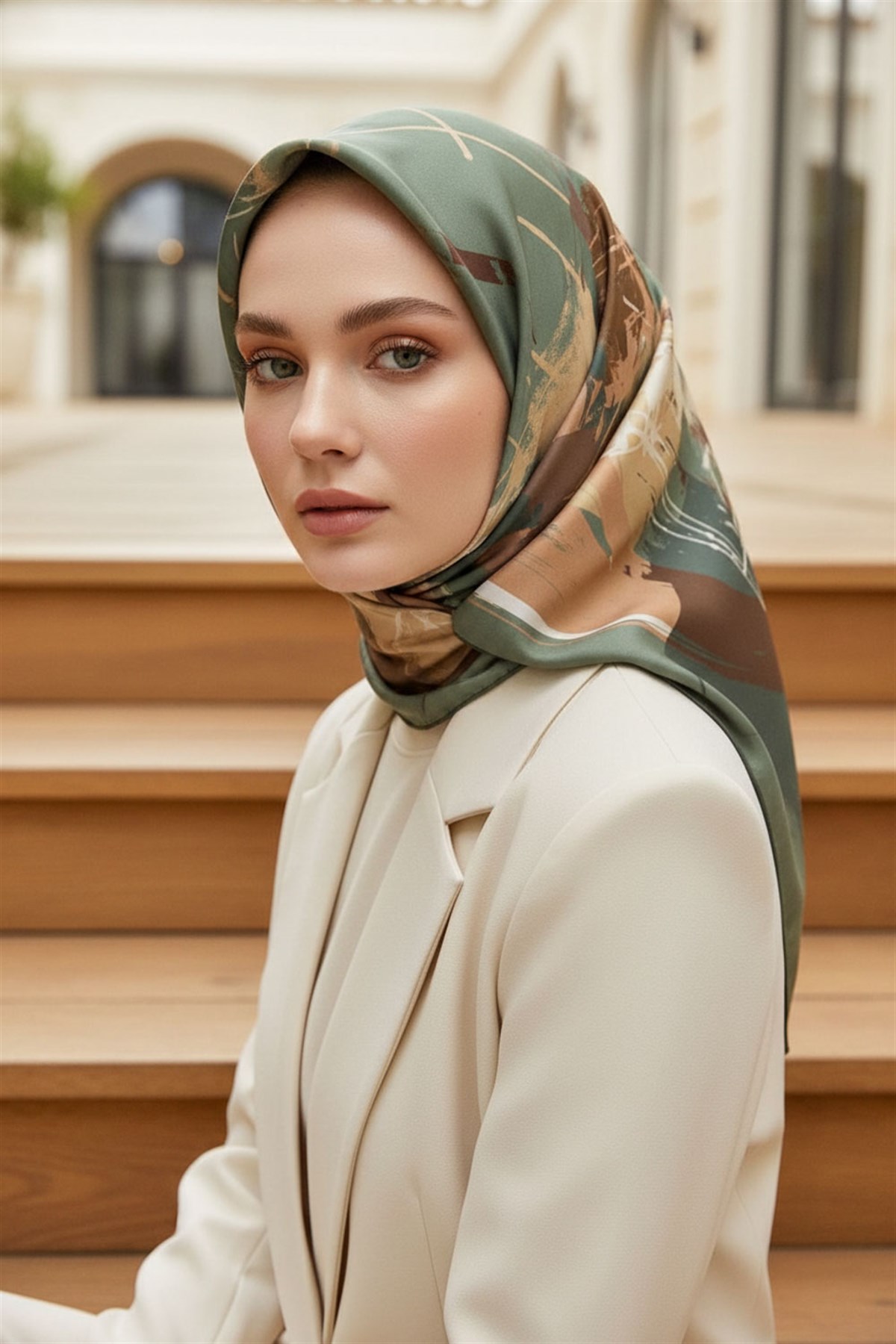 %57 İPEK %43 VİSKON Twill İpek Geometrik Desenli Çağla Yeşili - Bakır Renkli 90x90 Eşarp Dikim Şekli : El Dikişi