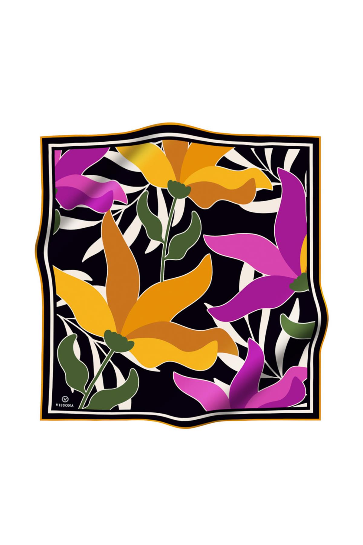 %100 Twill İpek Yaprak Desenli Pembe - Hardal Renkli 90x90 Eşarp Dikim Şekli : El Dikişi