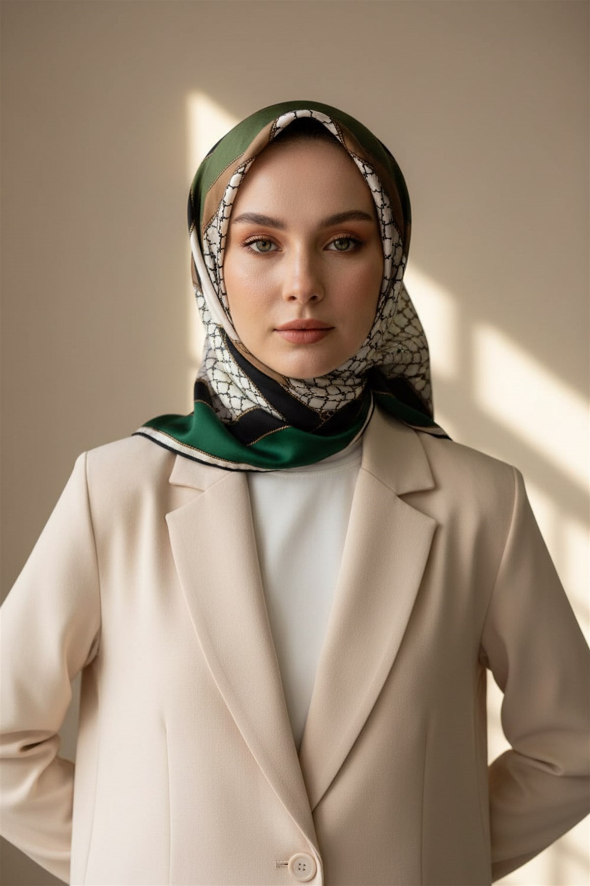 %100 Twill İpek Geometrik Desenli Zümrüt Yeşili - Siyah Renkli 90x90 Eşarp Dikim Şekli : El Dikişi