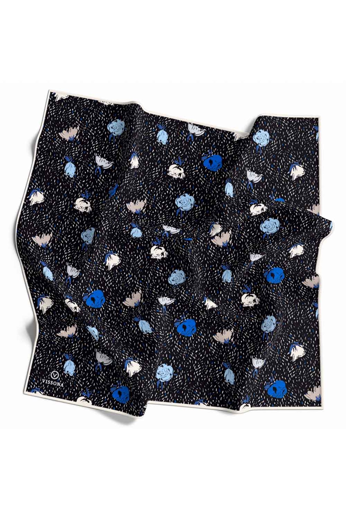 %100 Twill İpek Çıtır Çiçek Desenli Siyah - Saks Renkli 90x90 Eşarp Dikim Şekli : El Dikişi