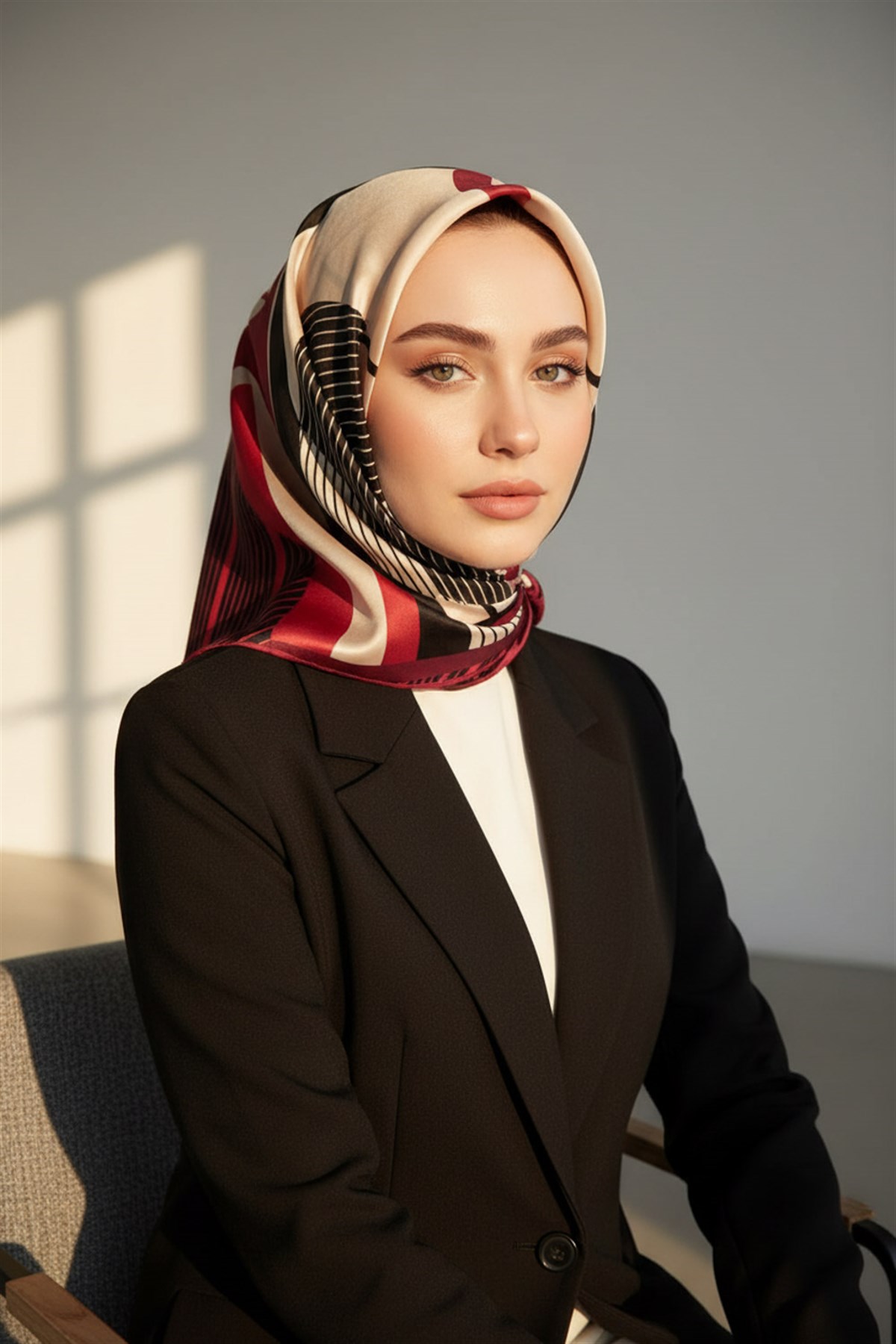 %100 Twill İpek Çizgili Geometrik Desenli Kırmızı - Krem Renkli 90x90 Eşarp Dikim Şekli : El Dikişi