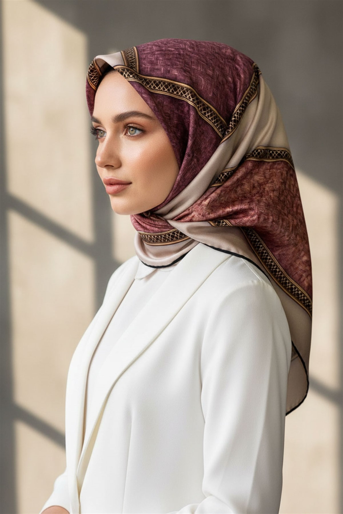 %100 Twill İpek Dokulu Ve Şerit Desenli Gül Kurusu - Somon Renkli 90x90 Eşarp Dikim Şekli : El Dikişi