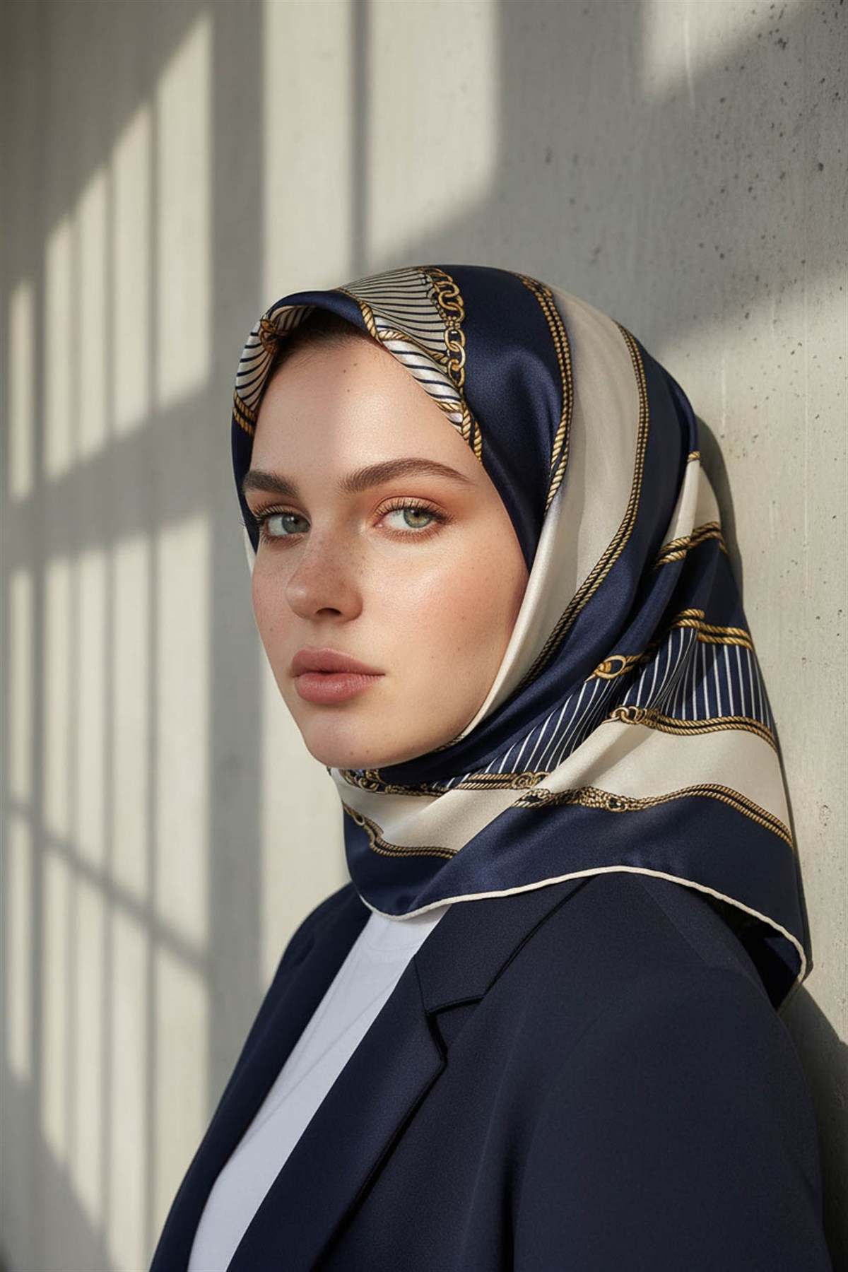 %100 Twill İpek Zincir Detaylı Geometrik Desenli Lacivert - Lacivert Renkli 90x90 Eşarp Dikim Şekli : El Dikişi