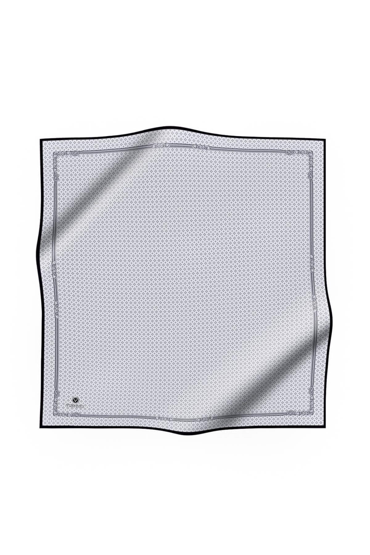 %100 Twill İpek Zincir Desenli Gümüş - Siyah Renkli 90x90 Eşarp Dikim Şekli : El Dikişi