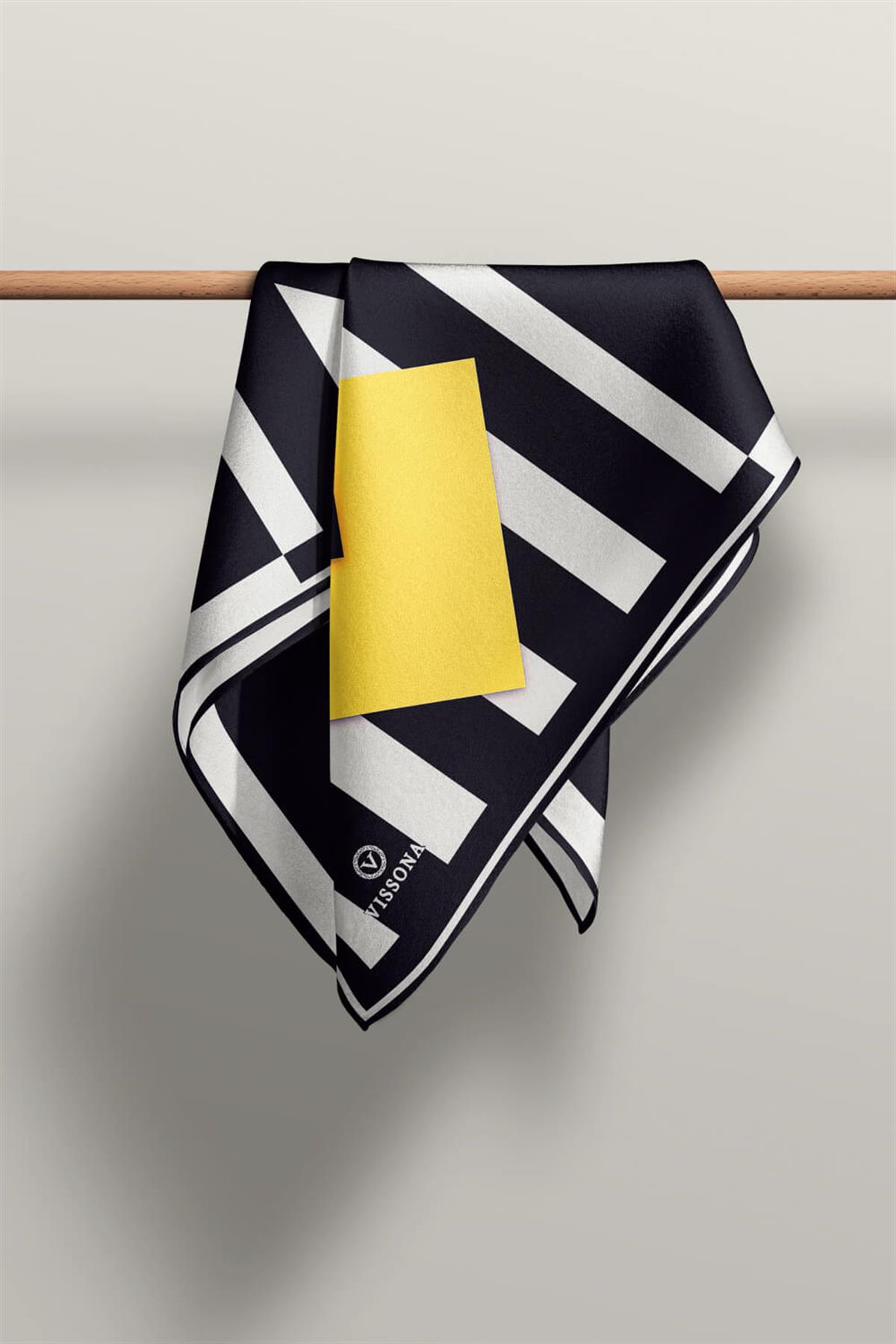 %100 Twill İpek Karo Desenli Limon Sarısı - Siyah Renkli 90x90 Eşarp Dikim Şekli : El Dikişi