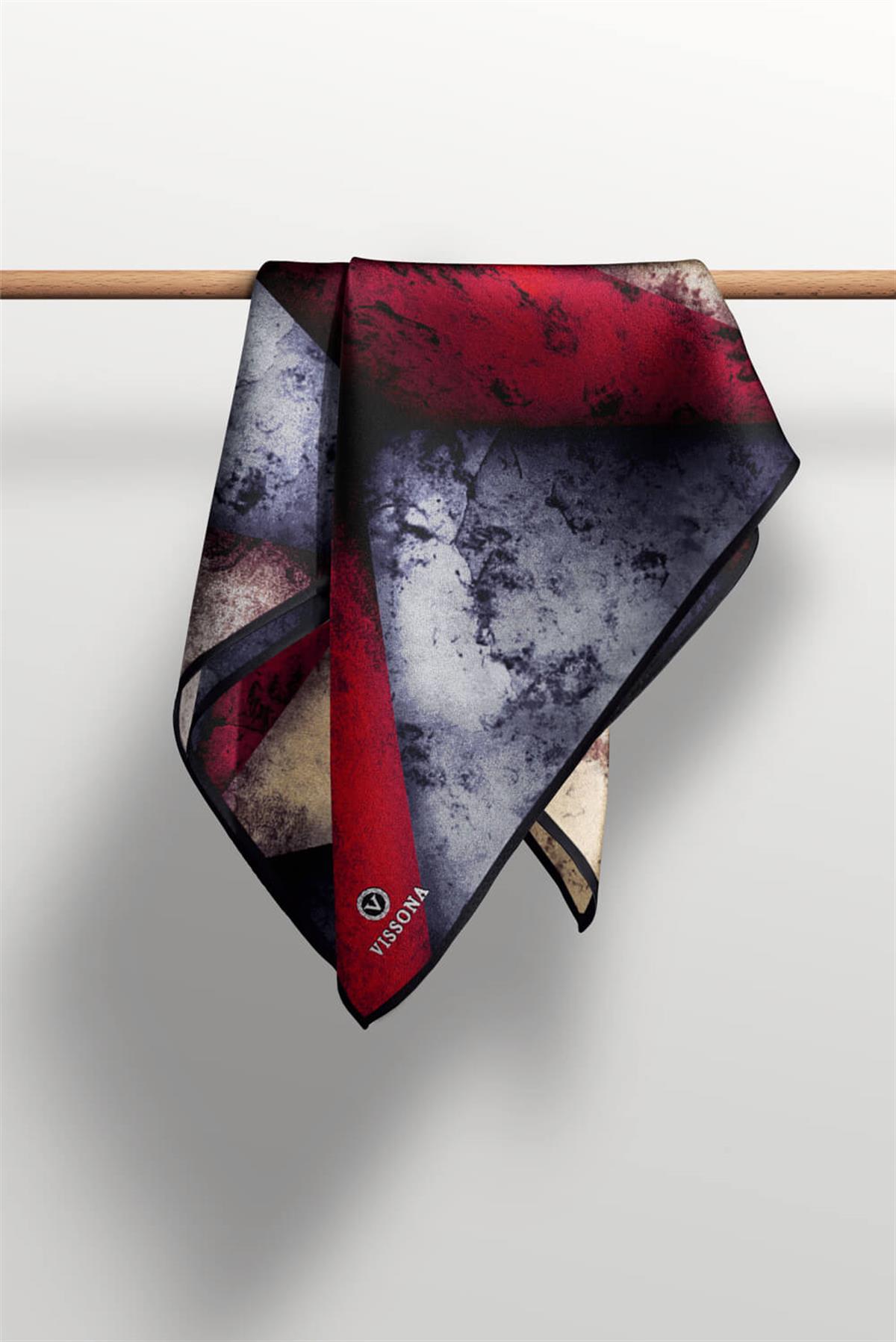 %100 Twill İpek Dokulu Ve Geometrik Desenli Bordo - Gri Renkli 90x90 Eşarp Dikim Şekli : El Dikişi