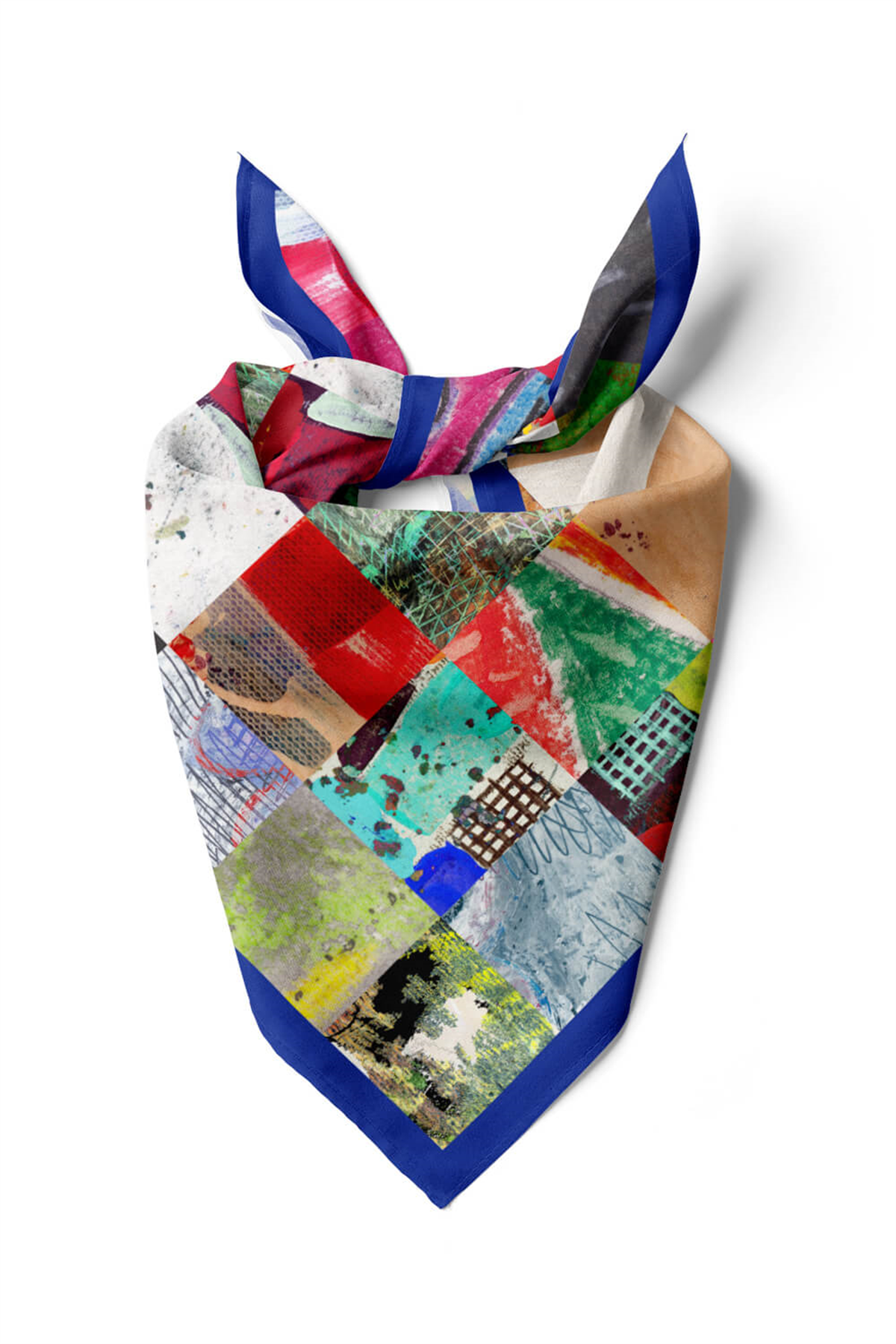 C72 Kadın Patchwork Desenli Bandana 50x50 Yeşil Kırmızı DG0277-22