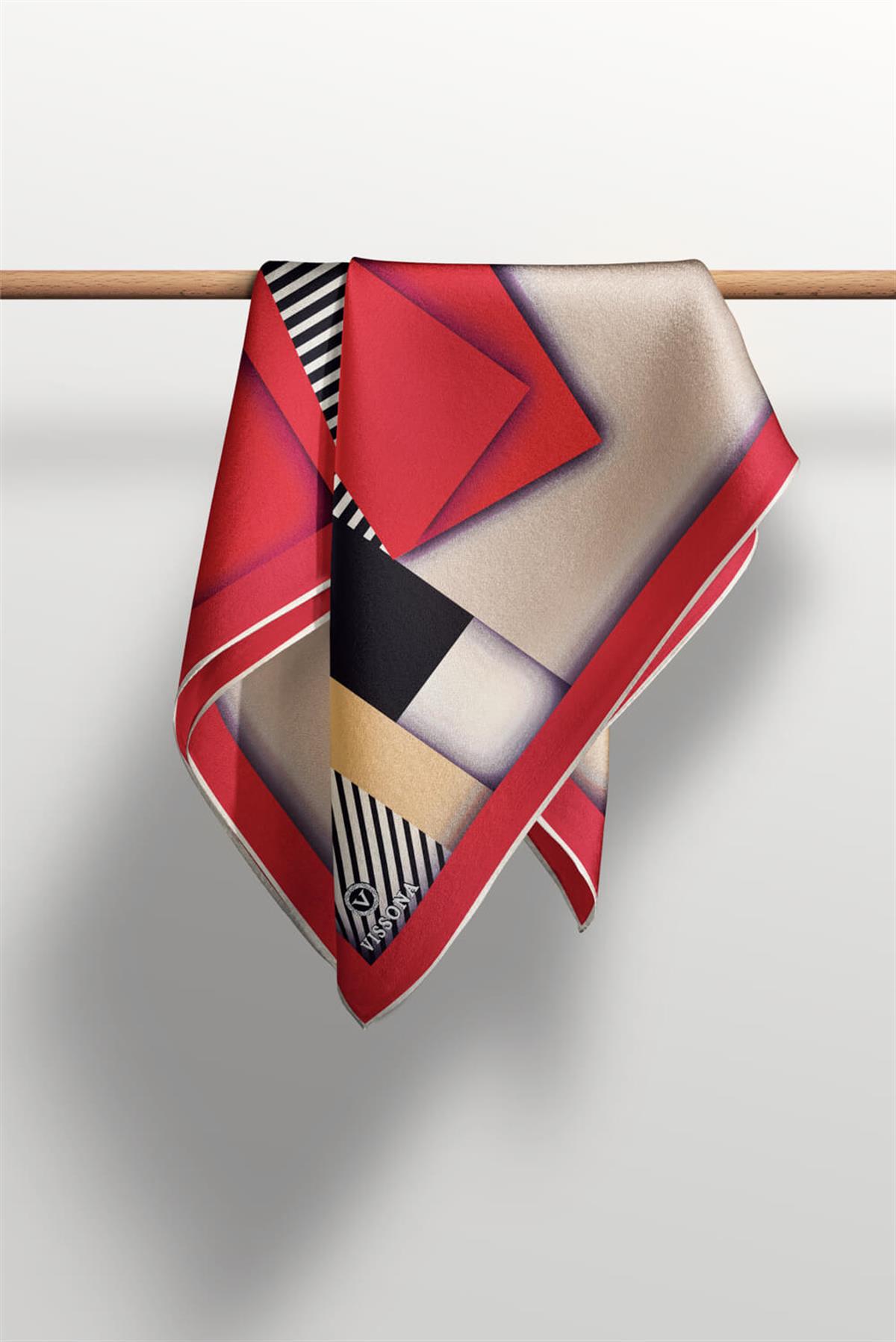 %100 Twill Renk Bloklu Çizgili Desenli Kırmızı - Bej Renkli 90x90 Eşarp Dikim Şekli: El Dikişii