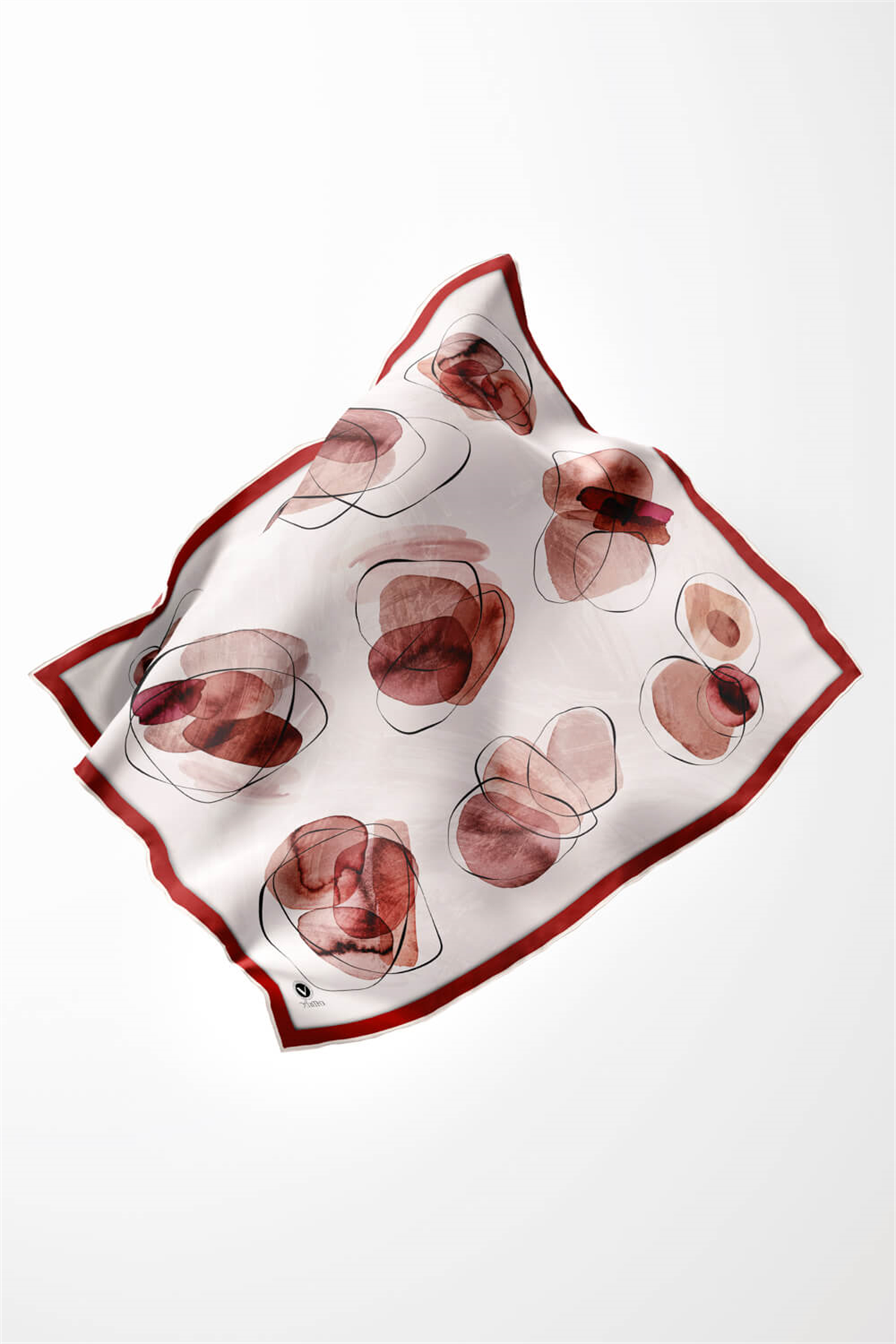 Twill Sulu Boya Geometrik Desenli Bordo Renkli 90x90 Eşarp (İpek İçermez) Kenar Dikiş Şekli El Dikişli