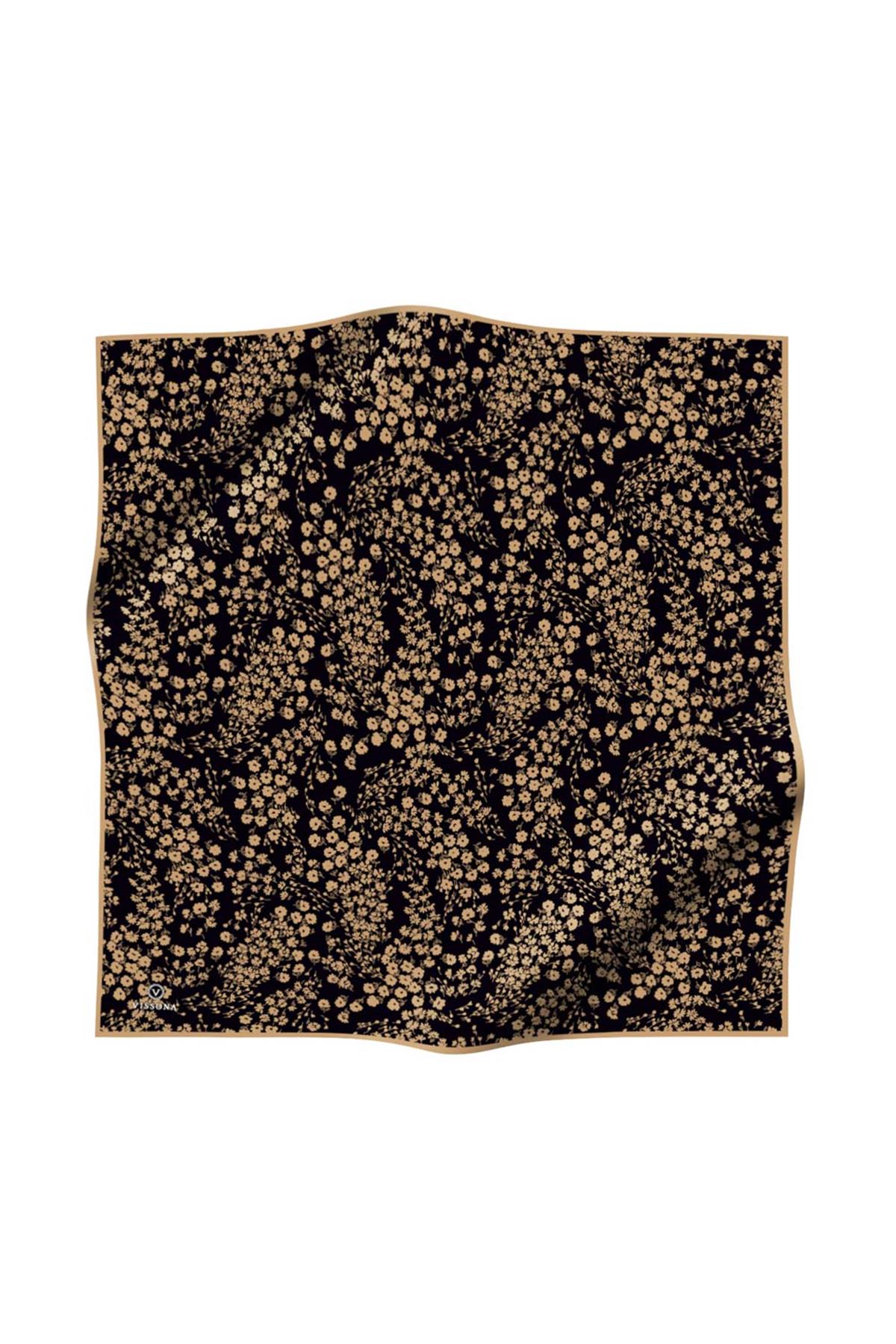 %100 Twill İpek Çıtır Çiçek Desenli Siyah - Gold Renkli 90x90 Eşarp Dikim Şekli : El Dikişi