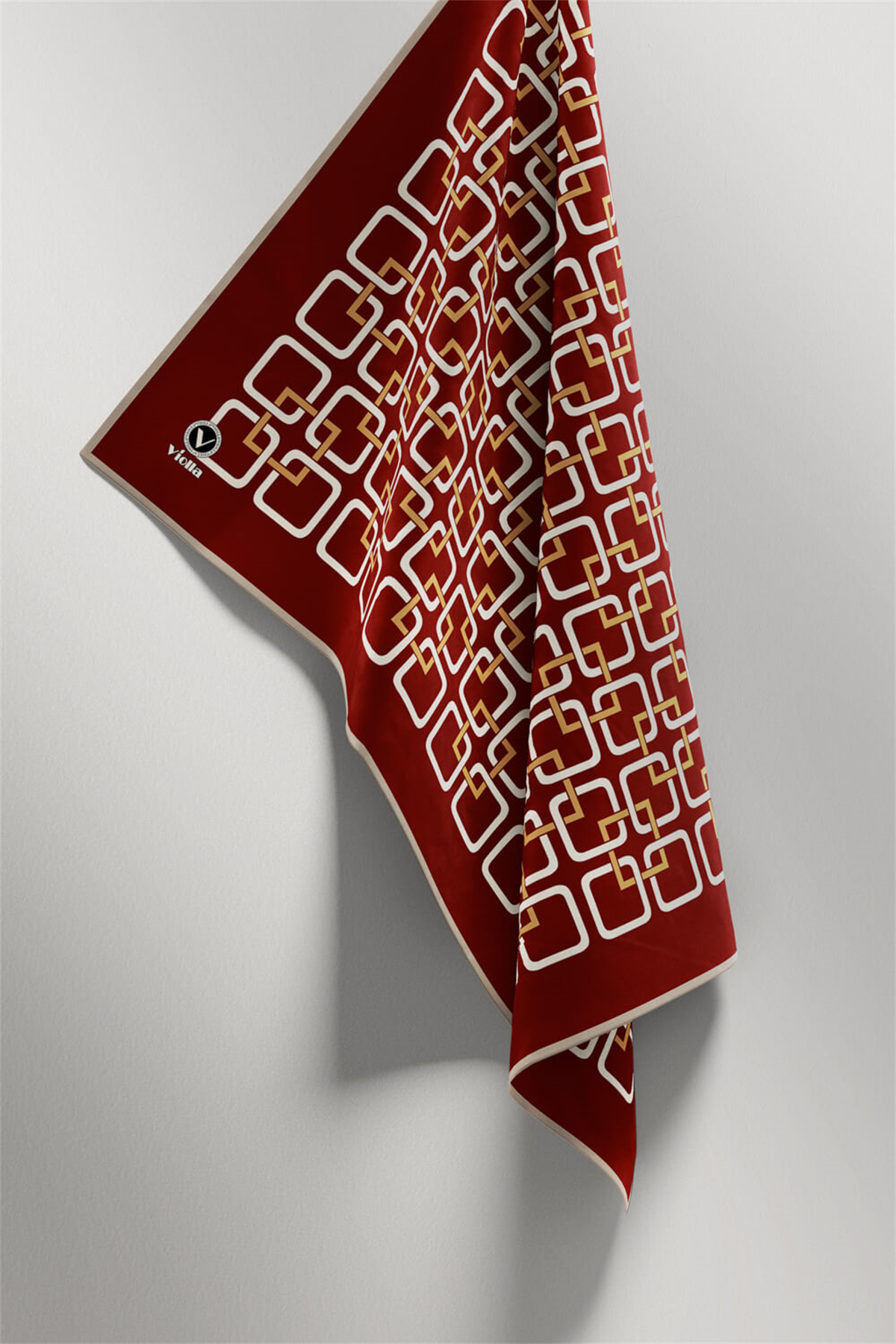 Twill Geometrik Desenli Bordo Renkli 90x90 Eşarp (İpek İçermez) Kenar Dikiş Şekli El Dikişli