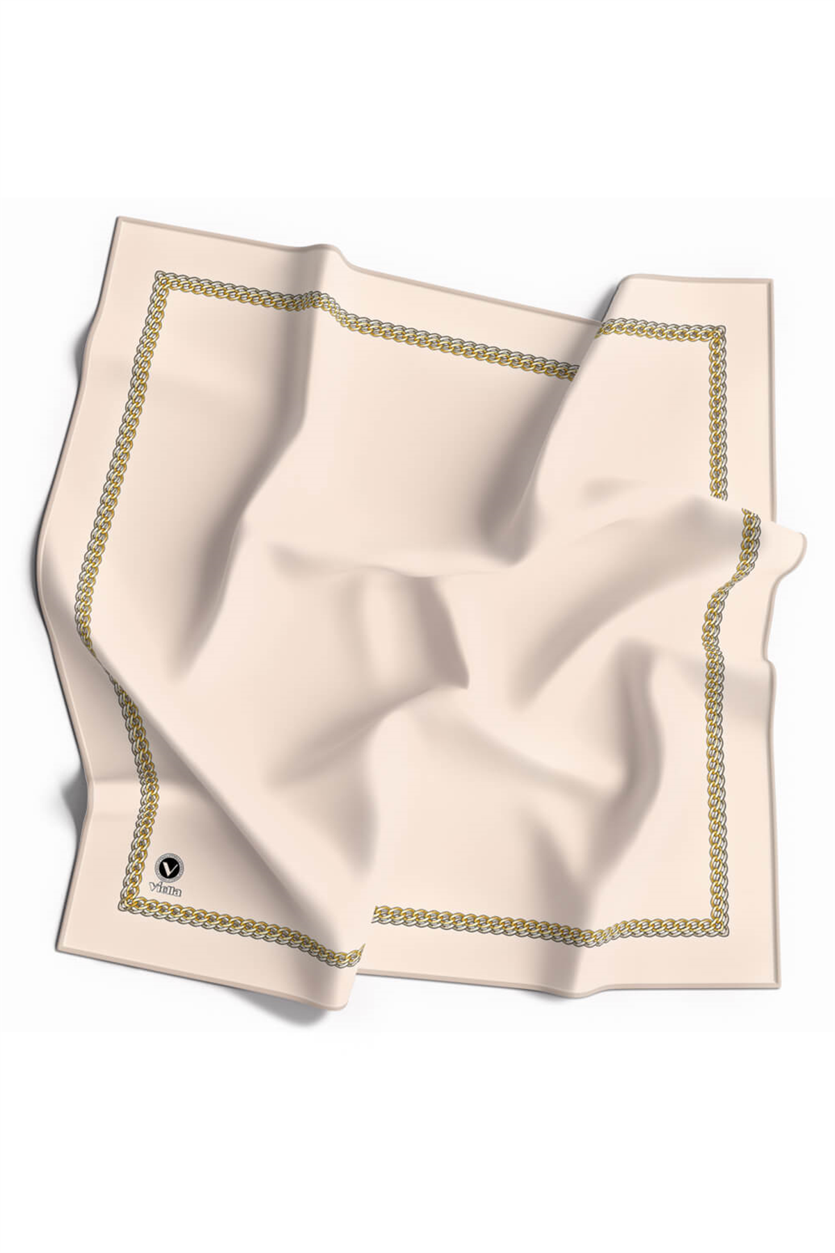 Kristal Kenar Motif Zincir Desenli Krem Renkli 90x90 Eşarp (İpek İçermez) Kenar Dikiş Şekli El Dikişli