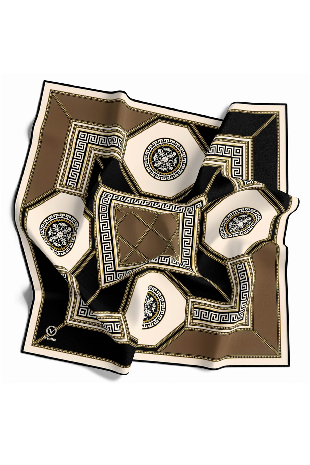 Twill Barok Desenli Vizon Renkli 90x90 Eşarp (İpek İçermez) Kenar Dikiş Şekli El Dikişli