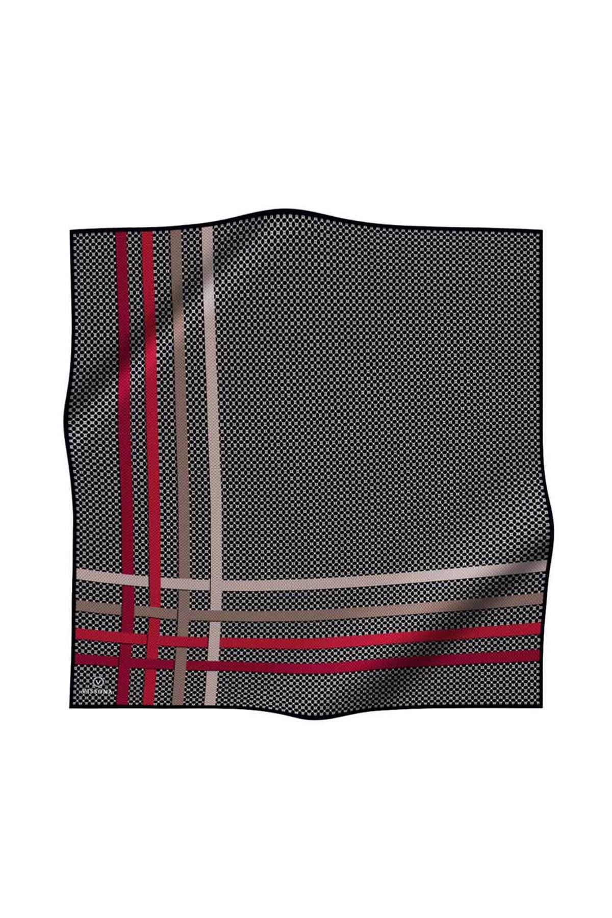 %100 Twill İpek Bantlı Monogram Desenli Siyah - Kırmızı Renkli 90x90 Eşarp Dikim Şekli : El Dikişi