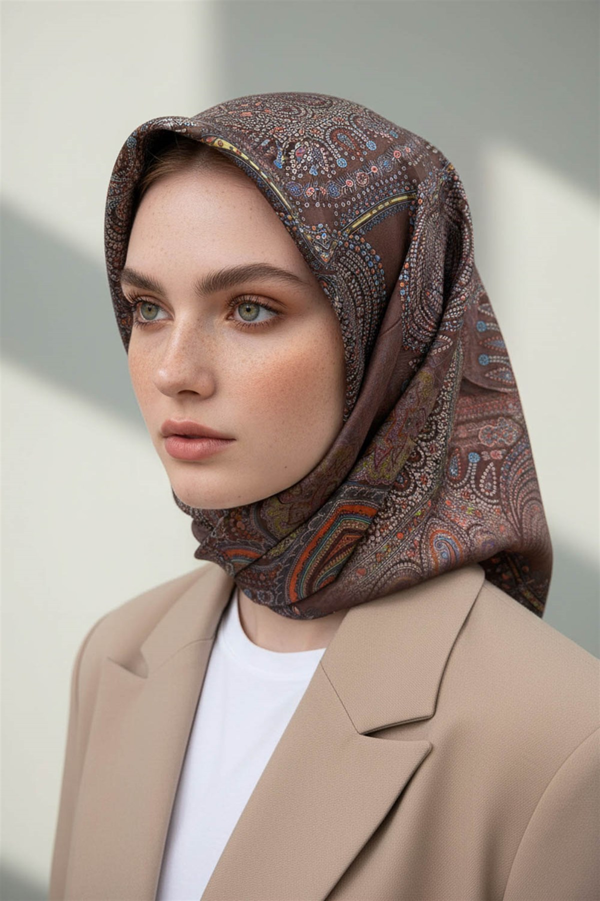 %100 Twill İpek Şal Desenli Kahverengi Renkli 90x90 Eşarp Dikim Şekli : El Dikişi
