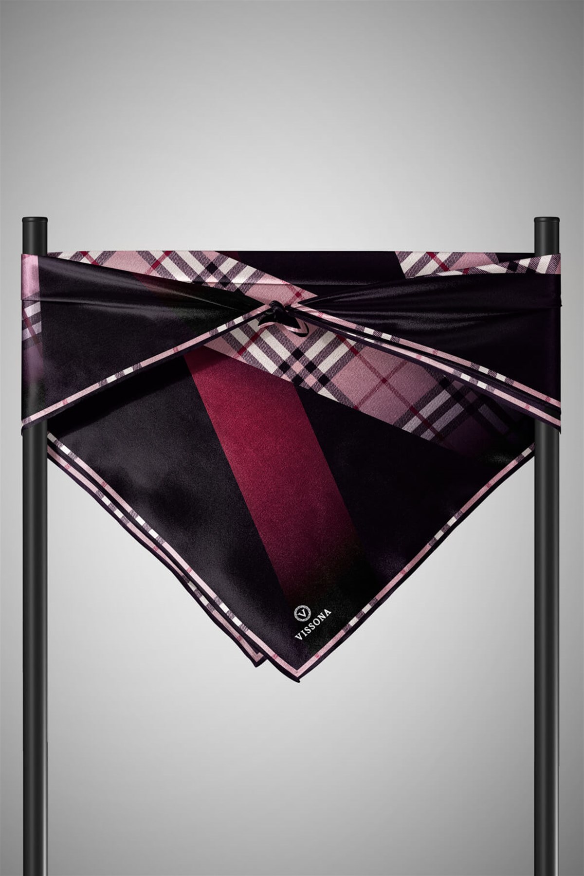 %100 Twill İpek Ekose Desenli Mürdüm - Pudra Renkli 90x90 Eşarp Dikim Şekli : El Dikişi