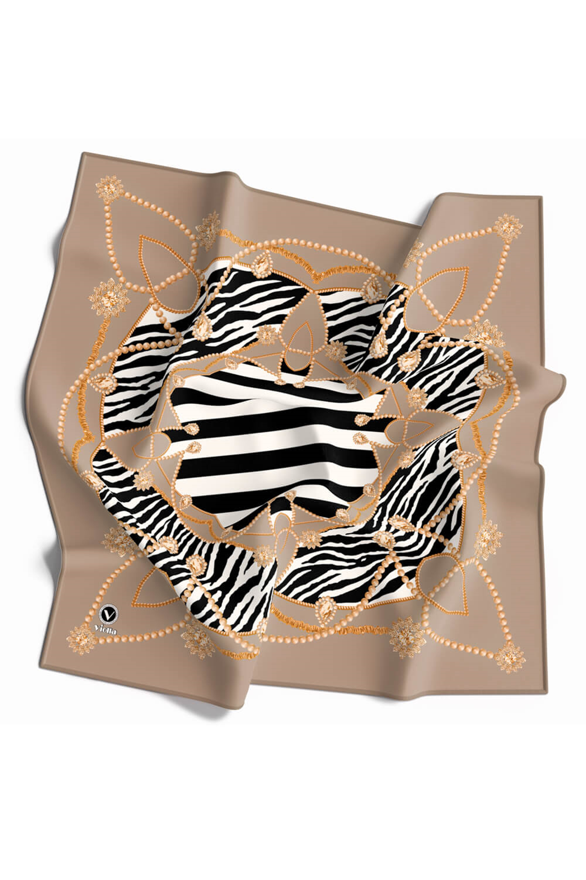 Twill Gold Detaylı Zebra Desenli Bej Renkli 90x90 Eşarp (İpek İçermez) Kenar Dikiş Şekli El Dikişli