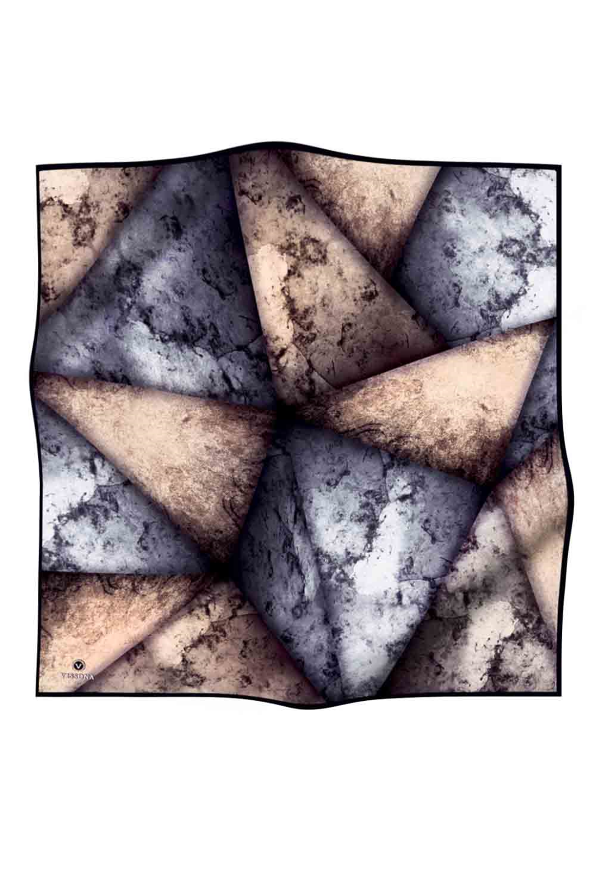 % 57 İPEK % 43 VİSKON Twill İpek Dokulu Ve Geometrik Desenli Bej - Gri Renkli 90x90 Eşarp Dikim Şekli : El Dikişi